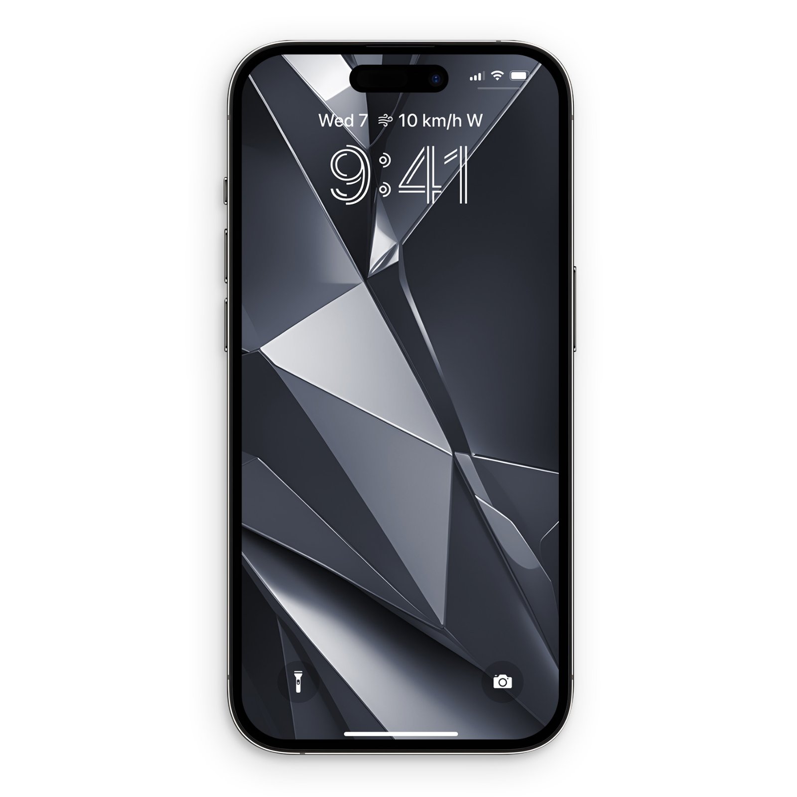 An iPhone lock screen displaying a 3D low-poly wallpaper with sharp, angular metallic facets in shades of slate blue, silver, and dark charcoal.