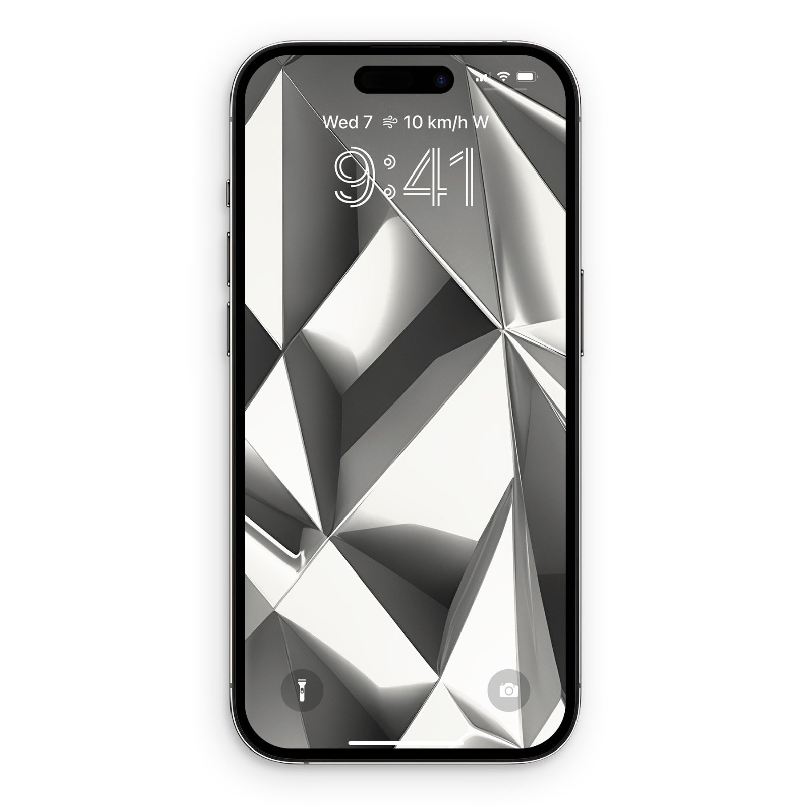 Front view of an iPhone display showing a 3D geometric abstract wallpaper composed of white and dark gray faceted angular shapes.