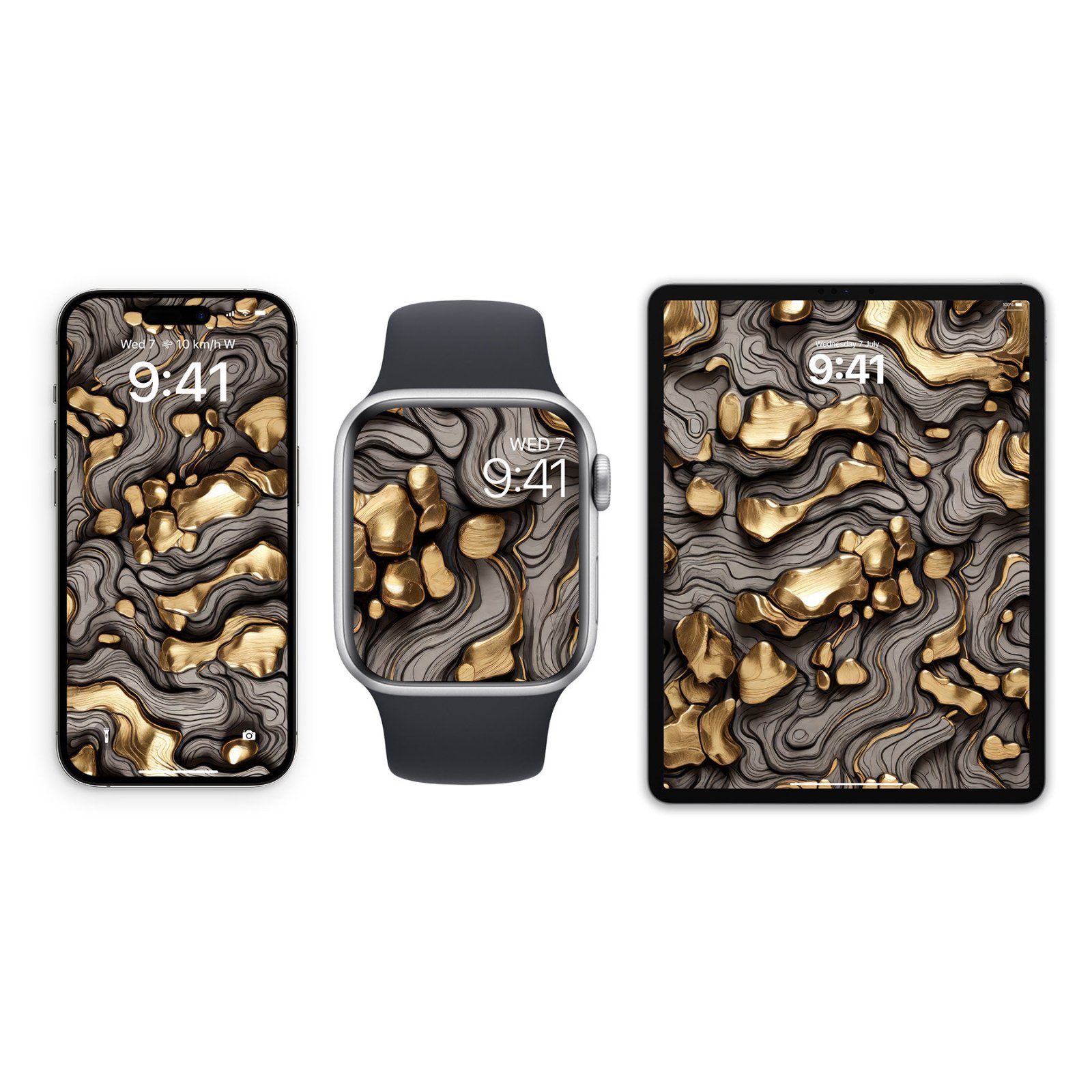 An iPhone, an Apple Watch, and an iPad arranged side by side displaying a liquid gold and charcoal swirled abstract wallpaper.