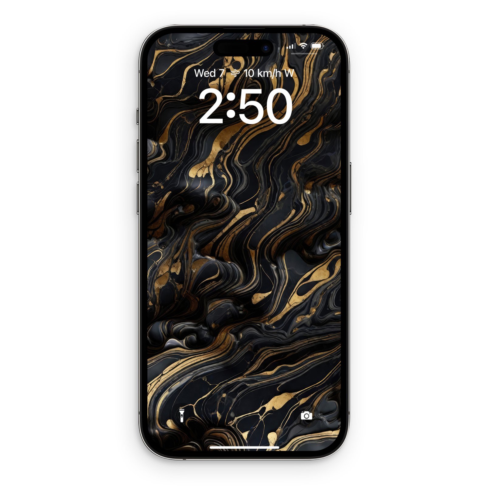 iPhone displaying a lock screen with molten gold and charcoal liquid marble pattern swirling across a black background, with white time display at 2:50.