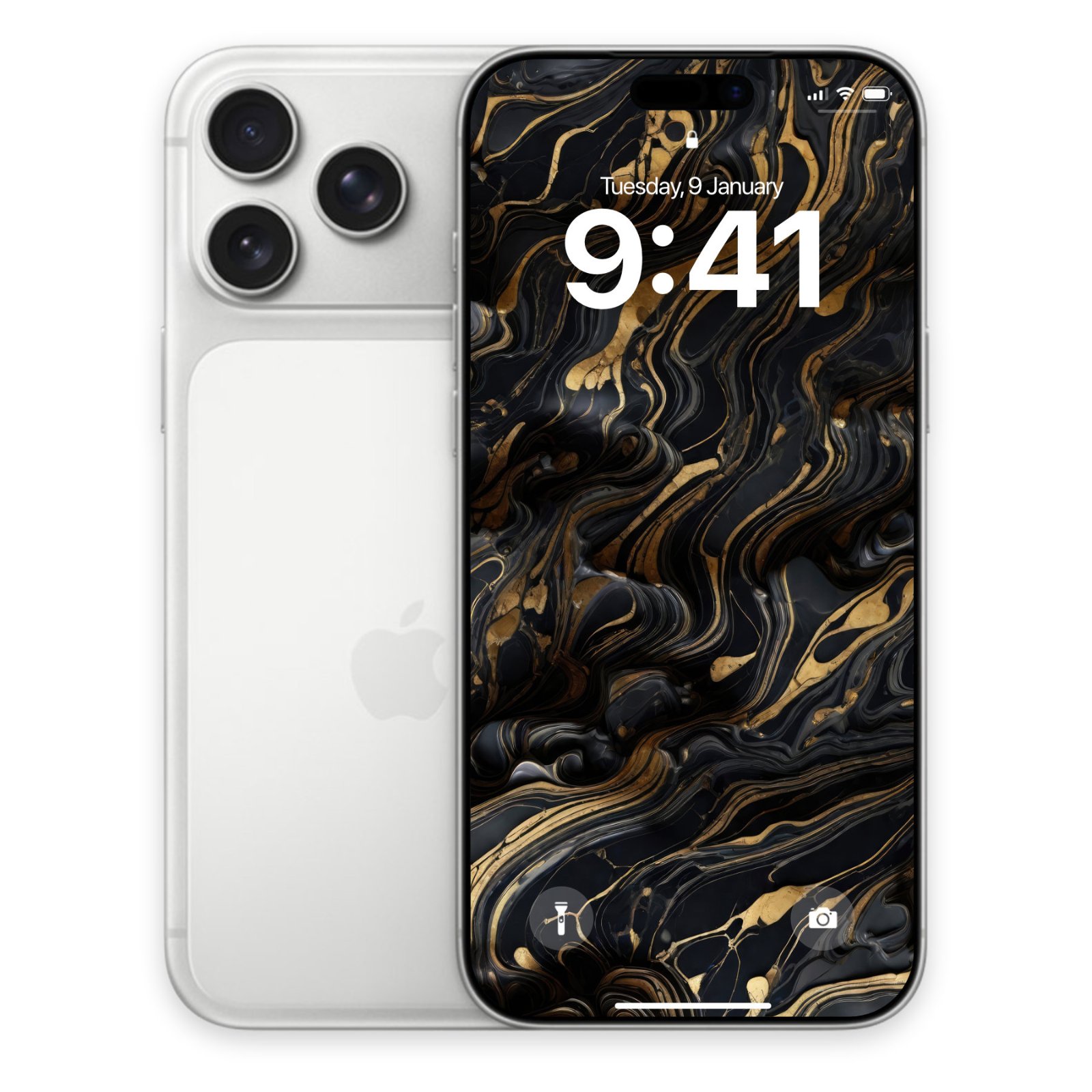 iPhone 15 Pro in silver showing the gold and black marble wallpaper with time 9:41 displayed.