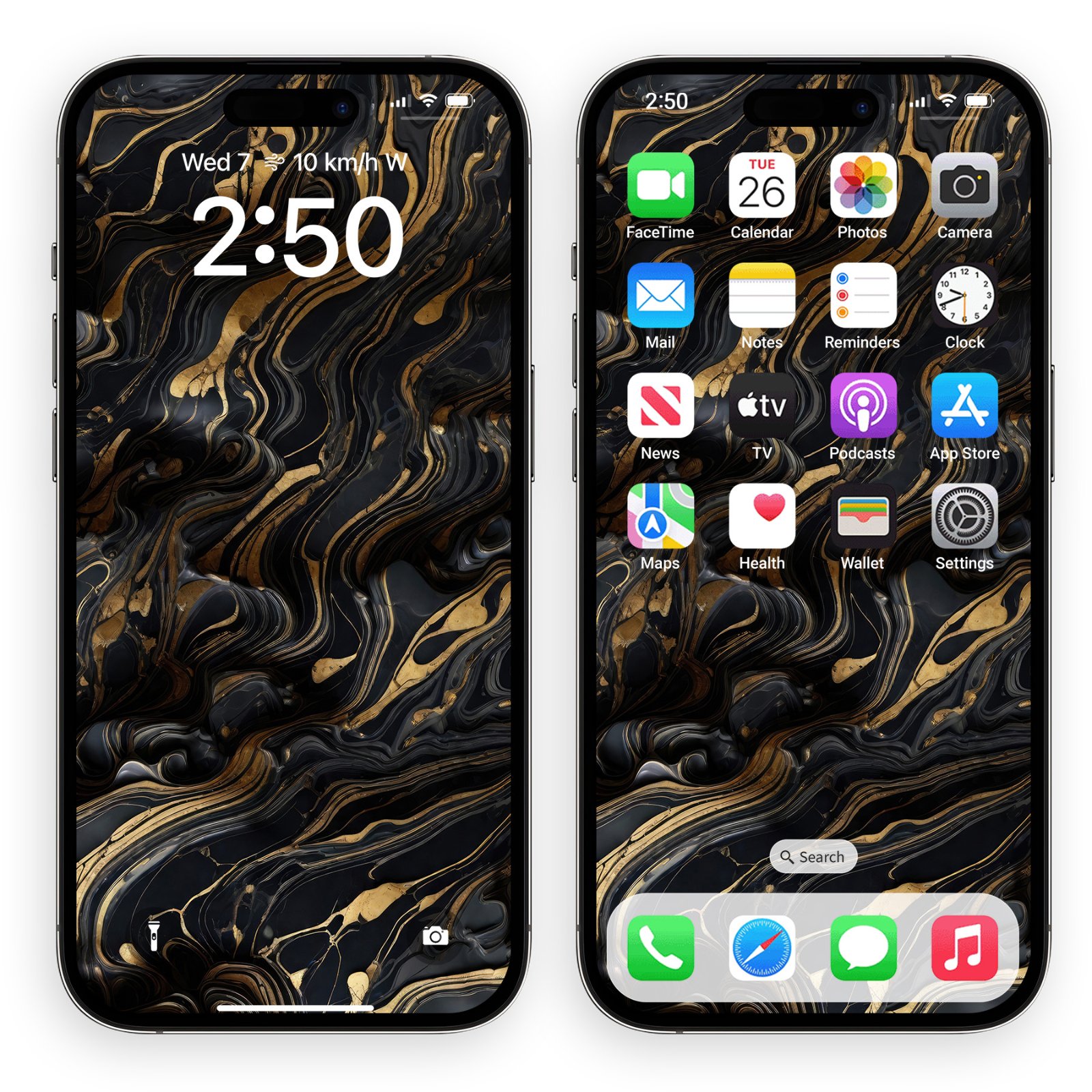 Two iPhone screens side by side, one showing lock screen at 2:50 and one showing home screen with apps, both with the gold marble background.