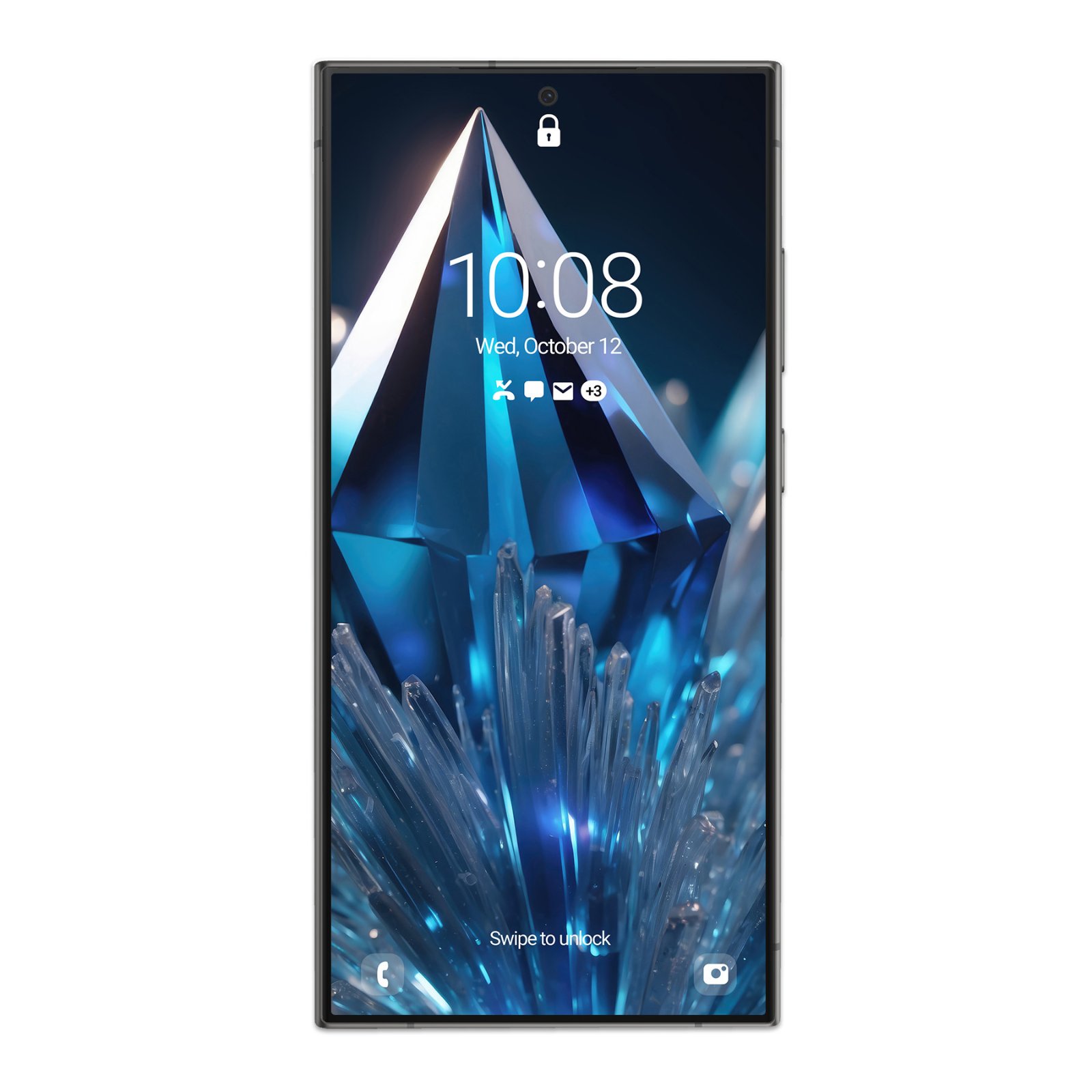 Samsung Galaxy phone displaying a vertical geometric crystal formation rendered in deep navy, electric cyan, and frosted white with sharp faceted edges and metallic highlights, surrounded by luminous shards at the base. Time reads 10:08.