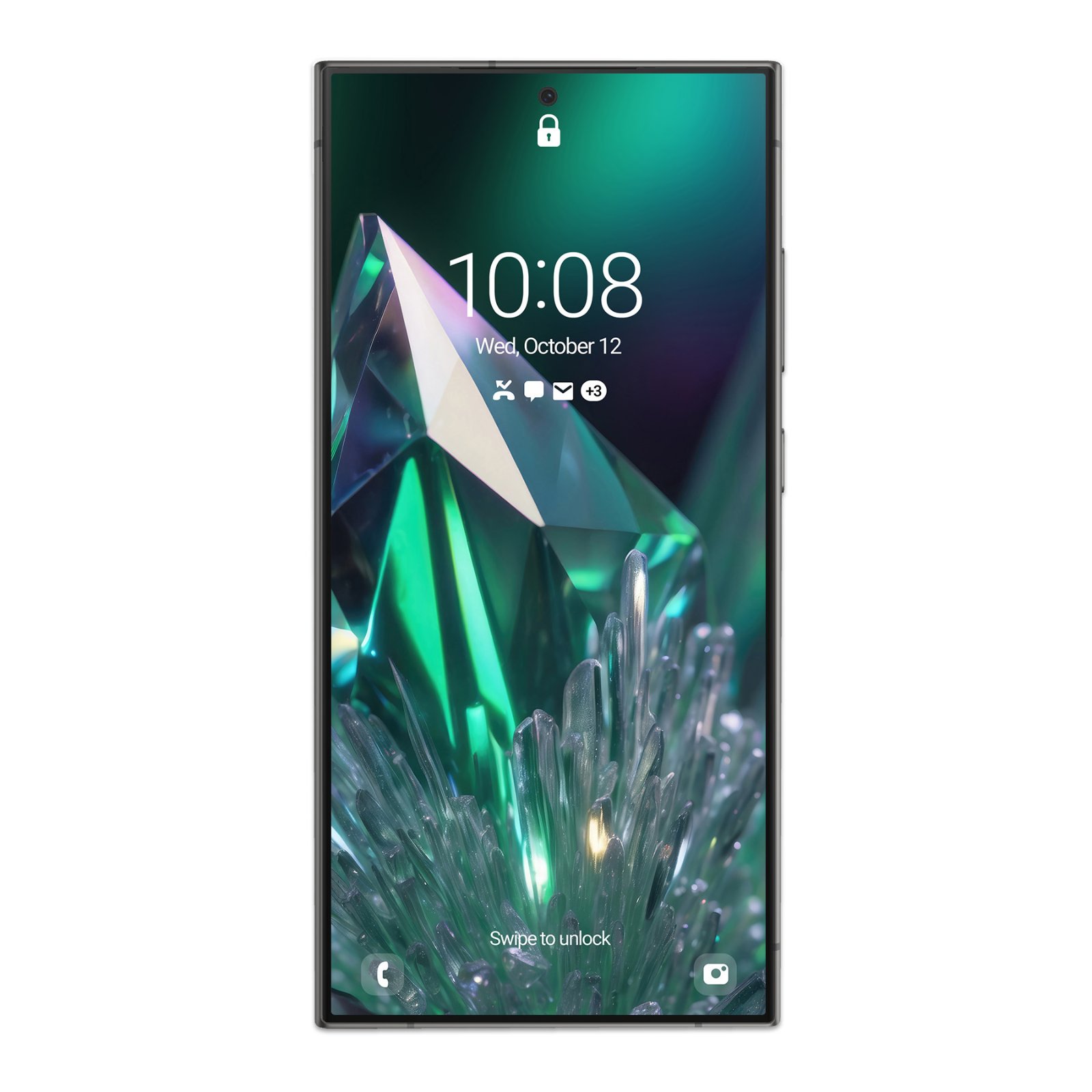 A Samsung Galaxy smartphone displaying a wallpaper featuring sharp emerald green titanium crystal facets with light reflections and frosted quartz needle details against a dark background.