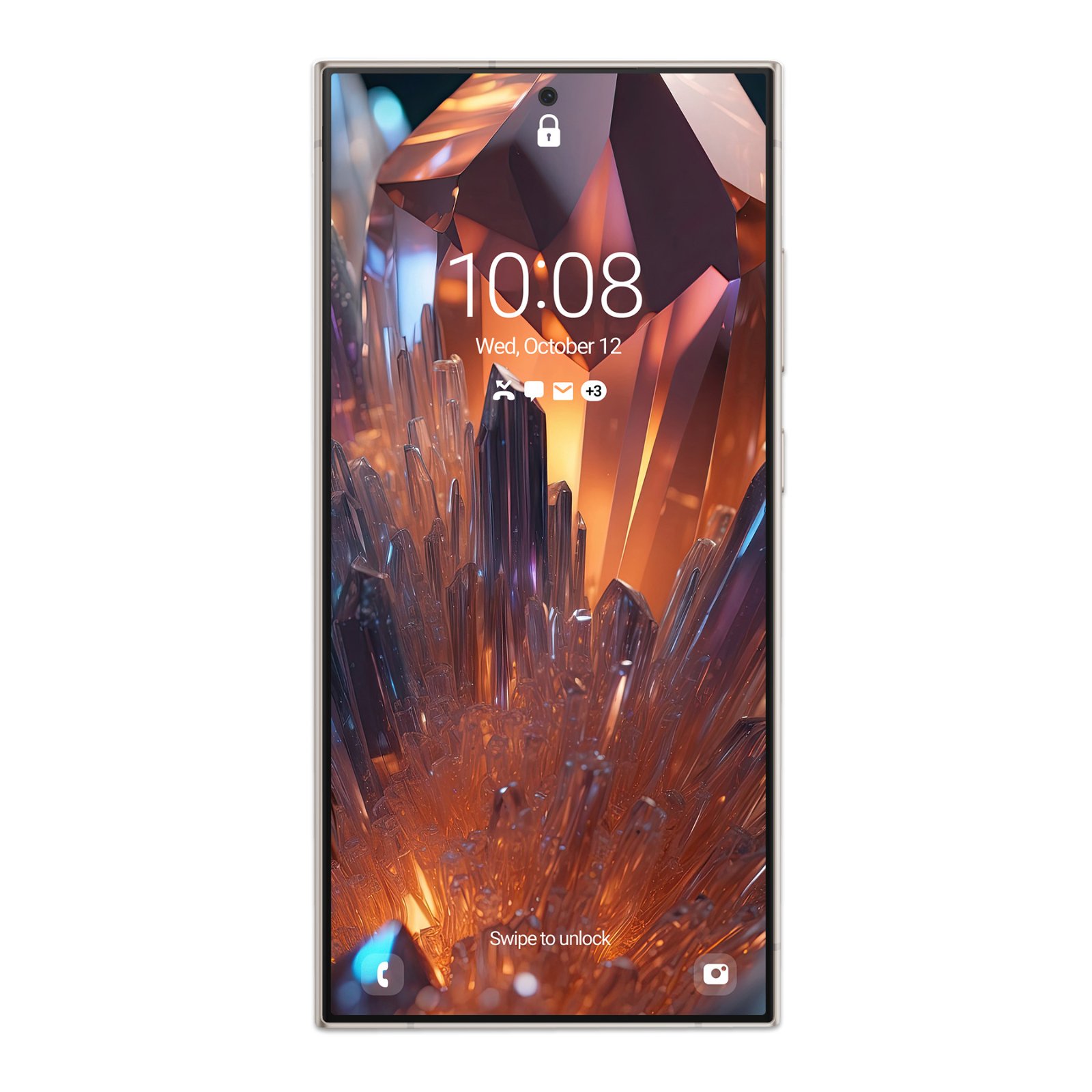 A Samsung Galaxy smartphone screen displaying a fiery orange titanium crystalline wallpaper with sharp faceted light reflections and a lock screen clock showing 10:08.