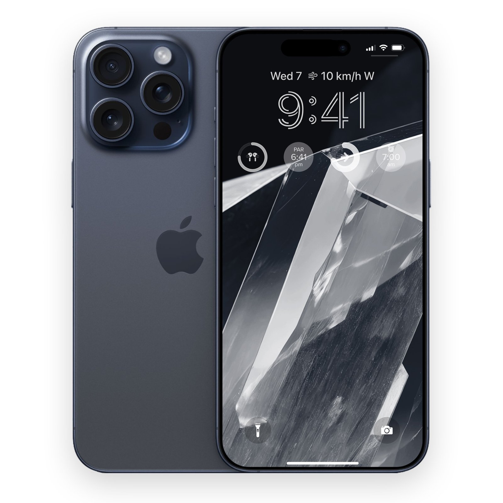 iPhone 15 Pro Max displaying a lock screen with diagonal silver and charcoal brushstrokes on a black background, creating a metallic abstract composition with angular white streaks cutting through dark tones.
