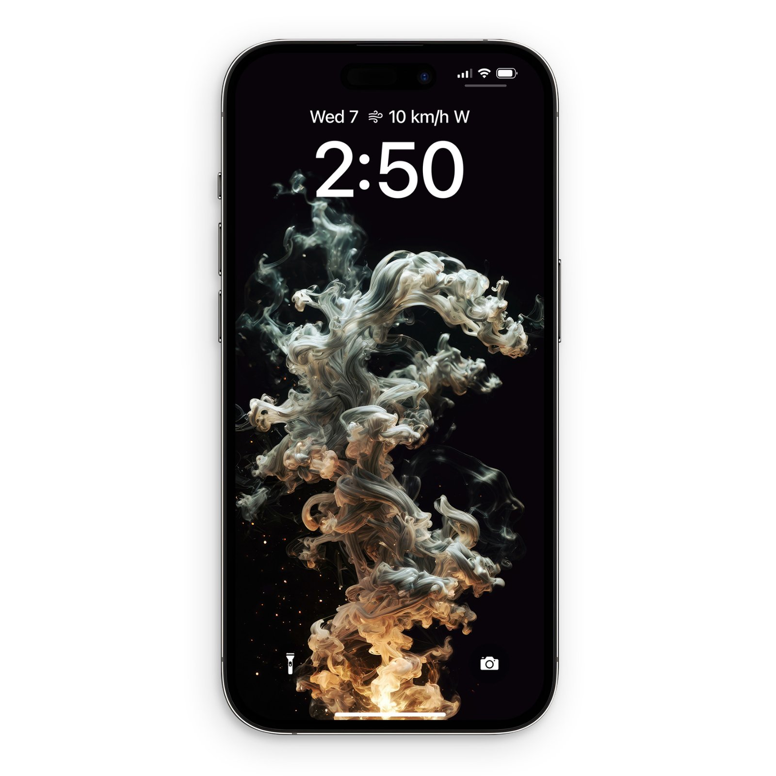 An iPhone lock screen with a dynamic titanium fluid wallpaper set against a pitch black display.