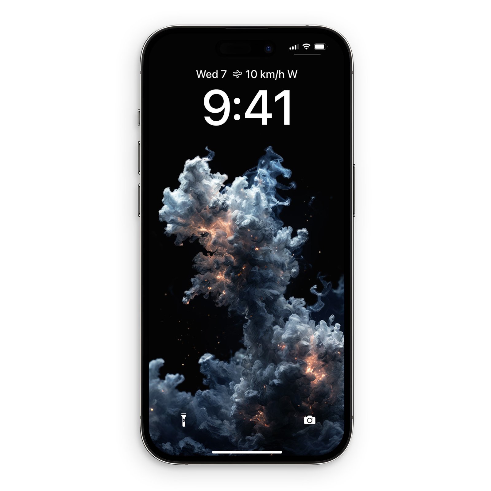 An iPhone lock screen display showing billowing titanium blue metallic smoke and fiery glowing embers against a pitch-black background.
