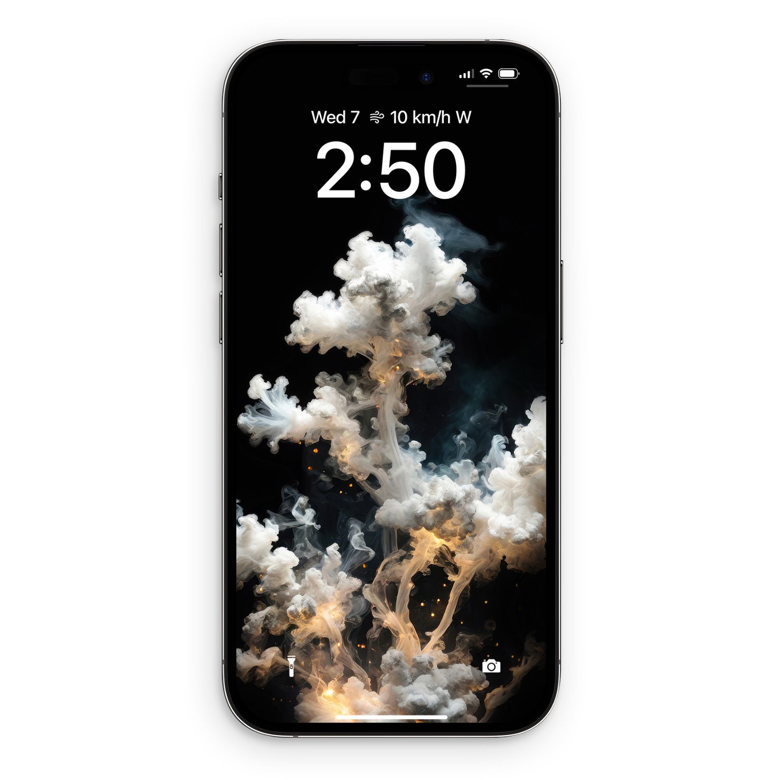 An iPhone lock screen displaying a wallpaper with billowing white cosmic smoke plumes and tiny glowing ember sparks over a pitch black background.