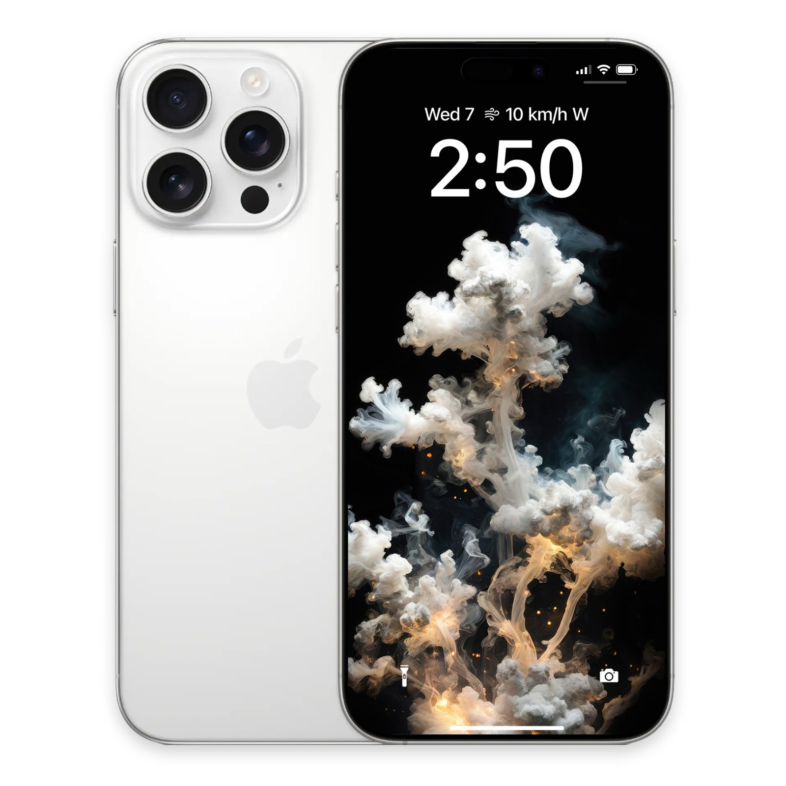 A white iPhone shown next to an iPhone screen displaying white smoke plumes and ember sparks on a black cosmic wallpaper.