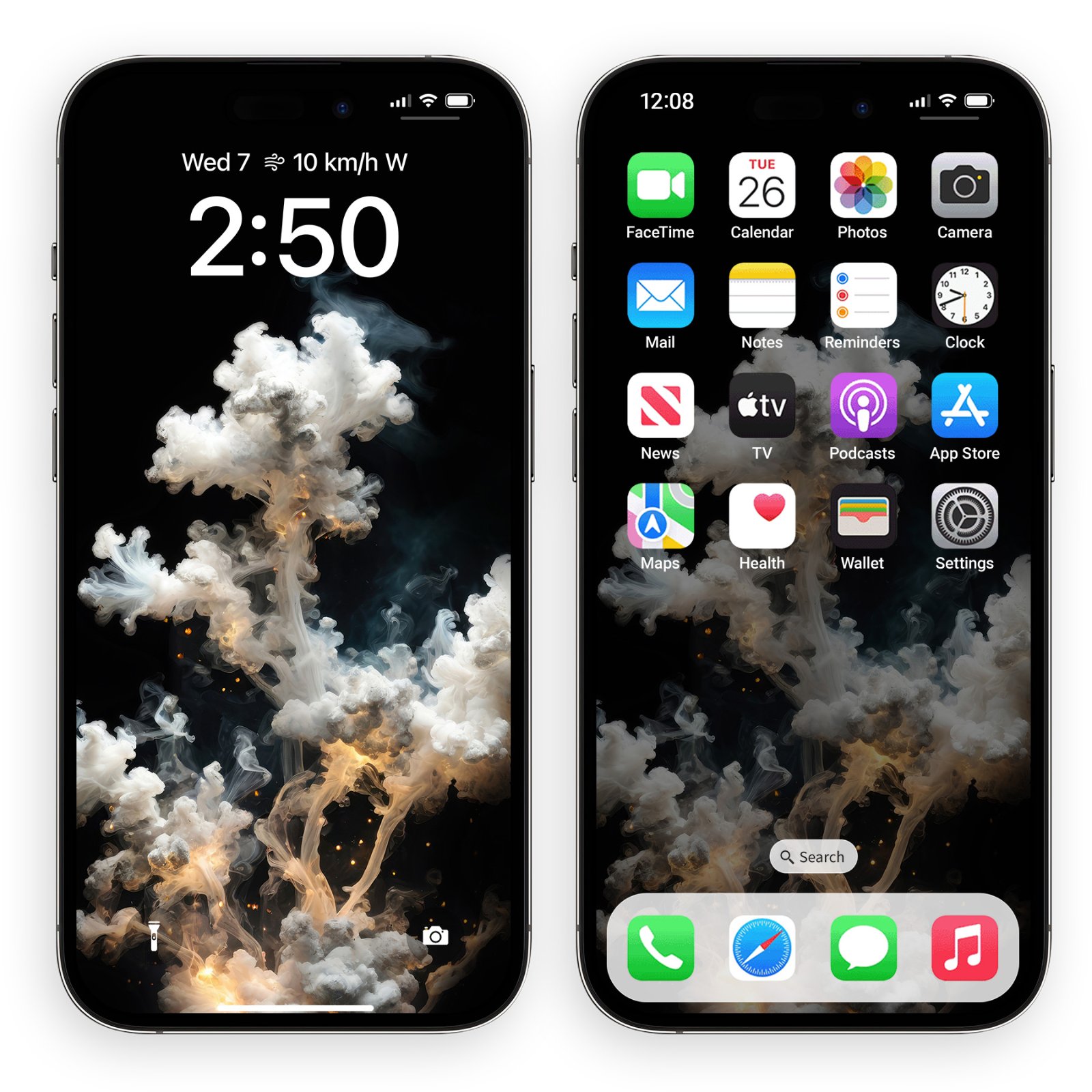 Two iPhone mockups side-by-side displaying lock screen and home screen views of a white smoke and ember cosmic wallpaper.