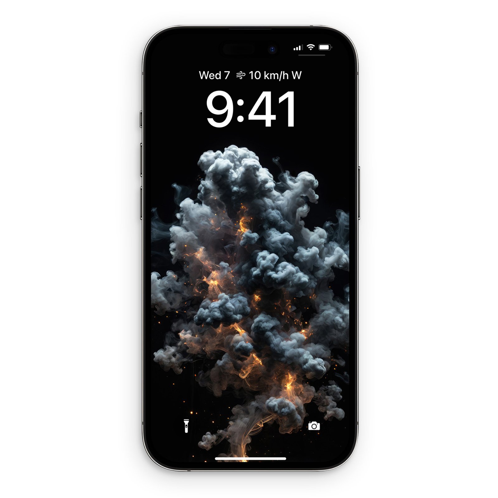 An iPhone displaying a dark wallpaper featuring a towering plume of smoke filled with glowing amber embers against a black background.