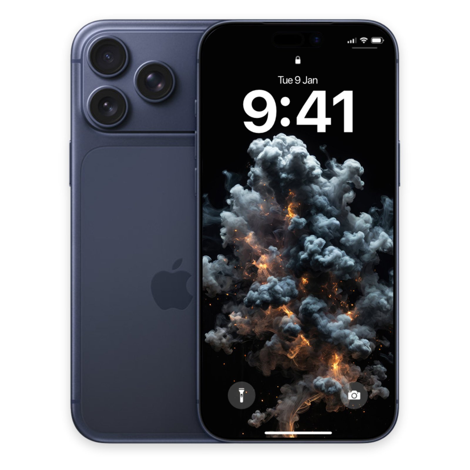 Dark blue iPhone mockup displaying a volumetric black smoke and gold spark wallpaper on its display.