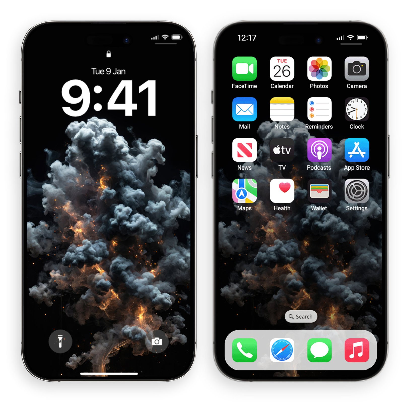 Two side-by-side iPhones showing the dark cosmic smoke wallpaper on both lock screen and home screen layout.
