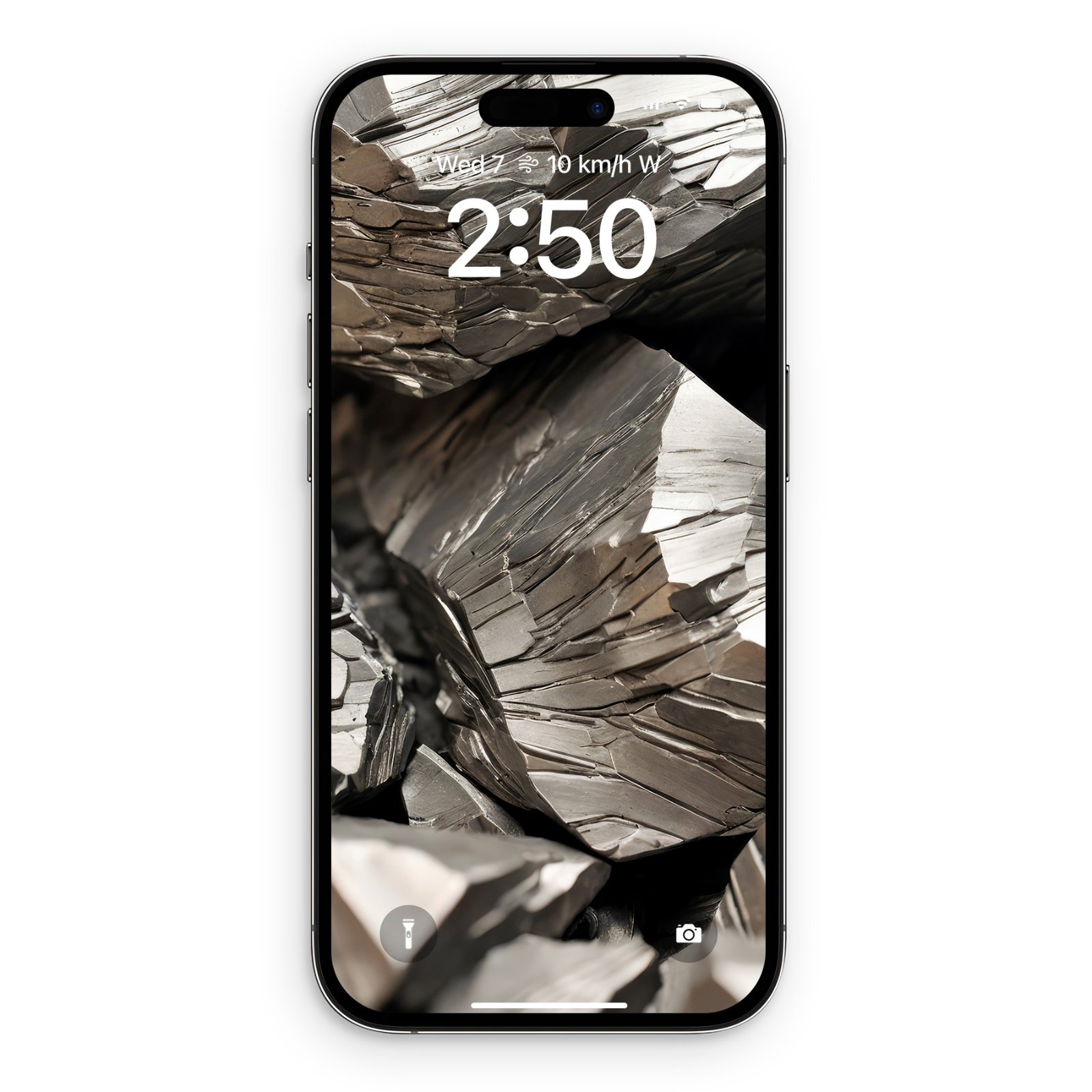 A single iPhone facing forward showing a lock screen displaying the metallic titanium geode wallpaper design with dark shadows and bright metallic highlights.