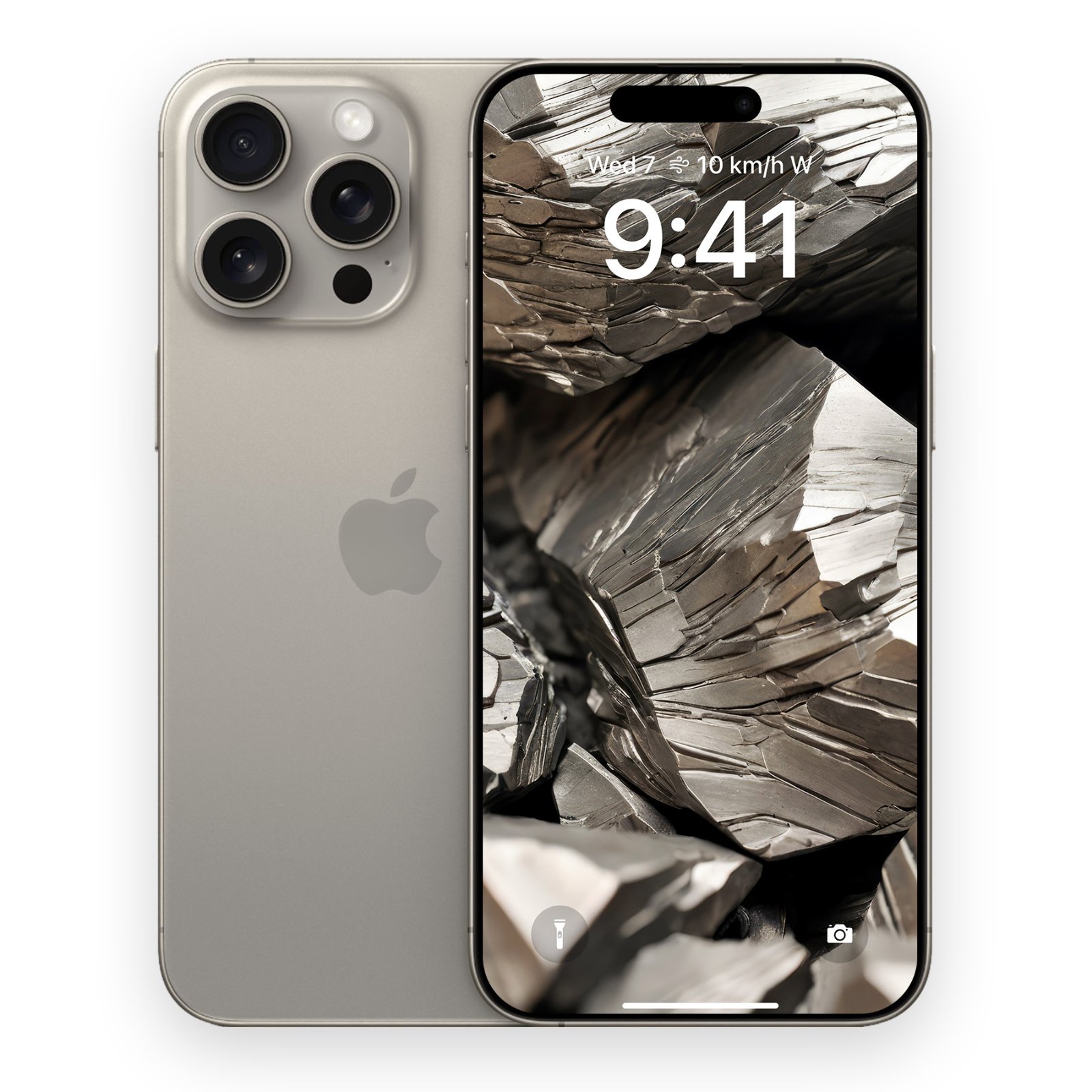 The back of a titanium-colored iPhone Pro placed next to a front-facing iPhone Pro displaying the natural titanium wallpaper on its lock screen.