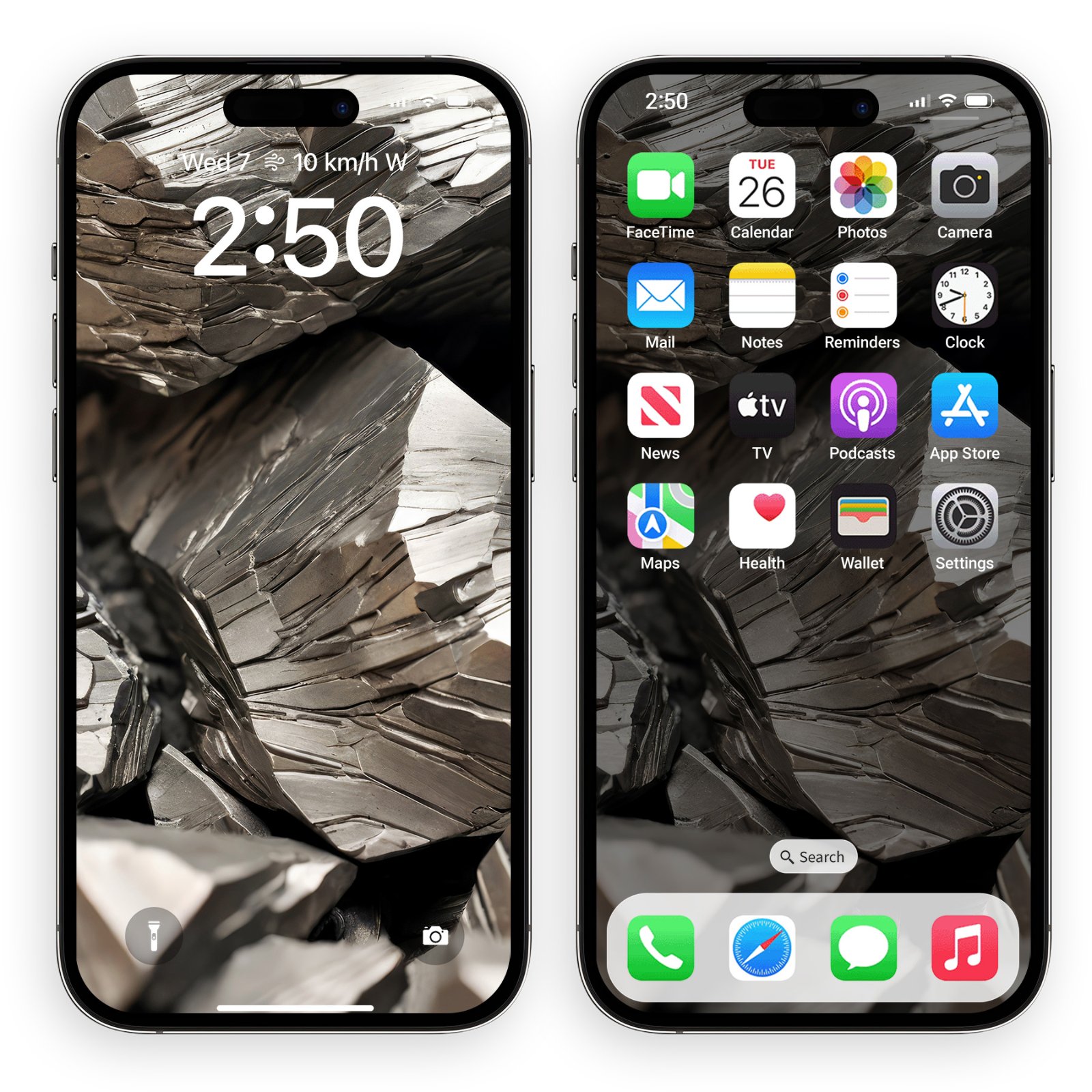 Two iPhones side-by-side against a white background, one showing a lock screen and the other a home screen, both featuring a digital wallpaper of jagged, metallic crystalline plates in grey and champagne tones with micro-etched striations.
