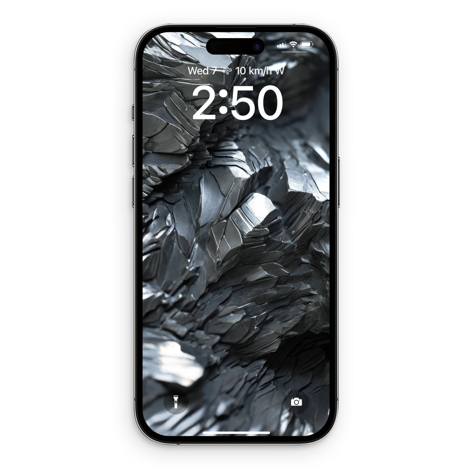 An iPhone screen displaying a raw metallic wallpaper composed of jagged, chiseled gunmetal and titanium facets.