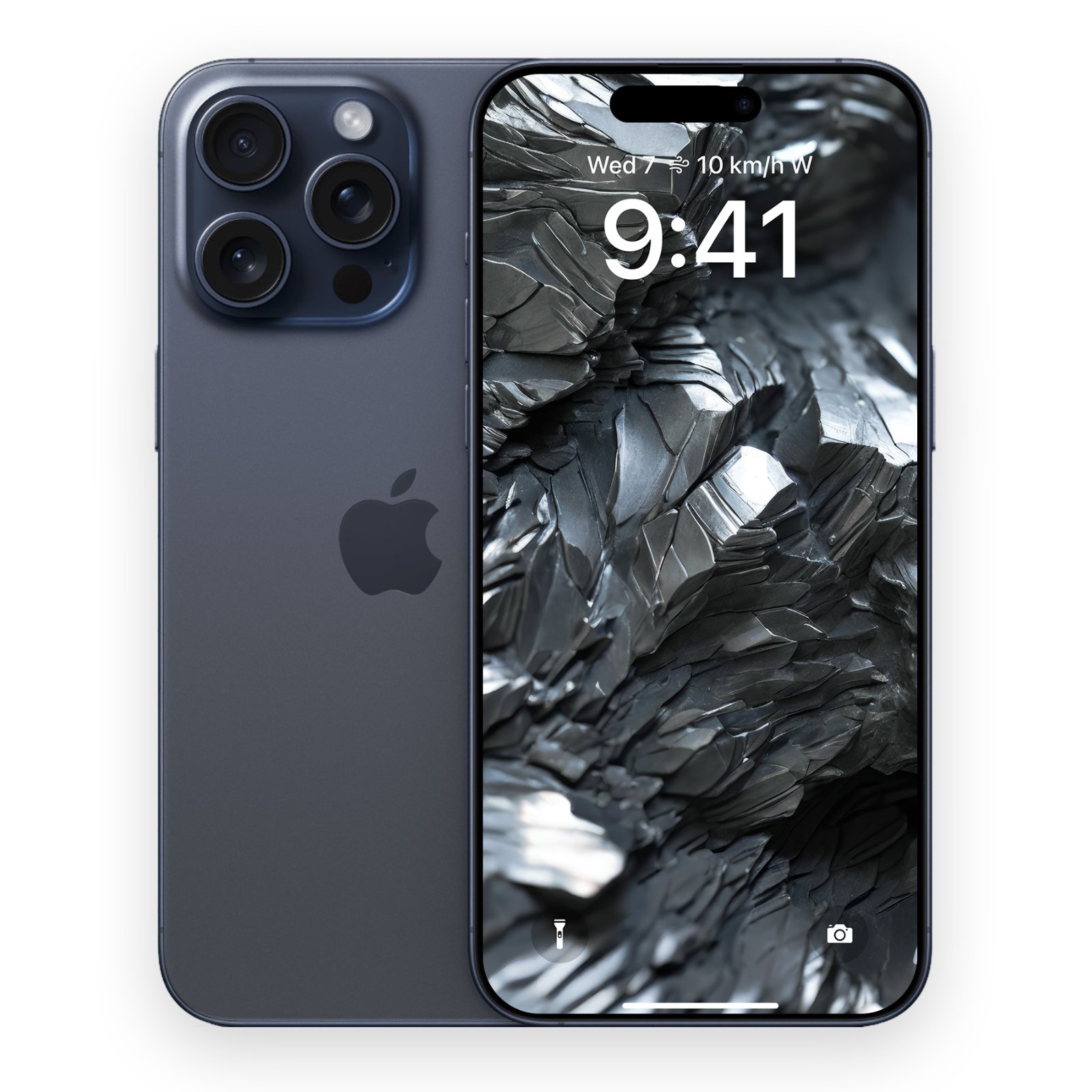 A dark blue titanium iPhone shown beside its screen displaying a chiseled metallic wallpaper with silver highlights.