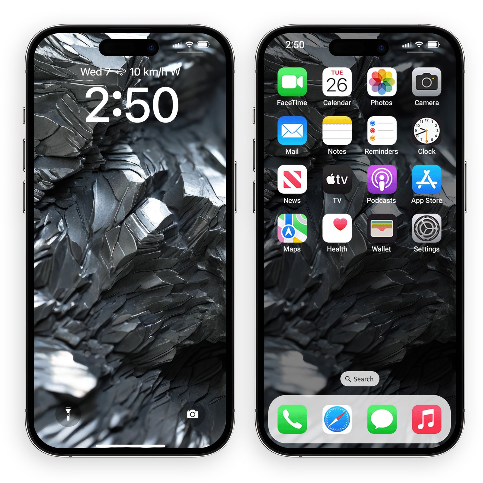 An iPhone lock screen and home screen side-by-side, both featuring a dark metallic titanium texture background.