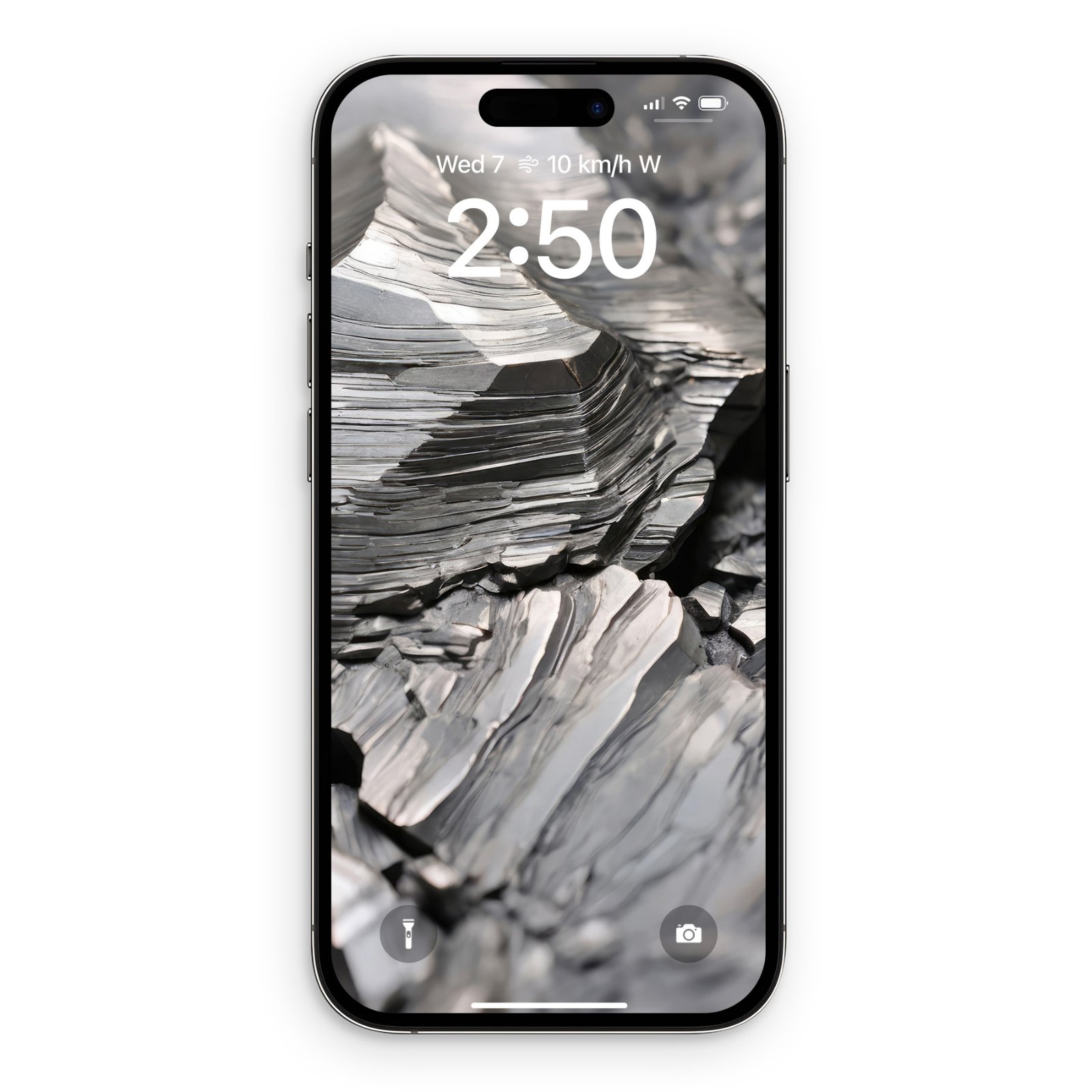 An iPhone screen displaying a white titanium macro mineral wallpaper with silver and grey strata textures.