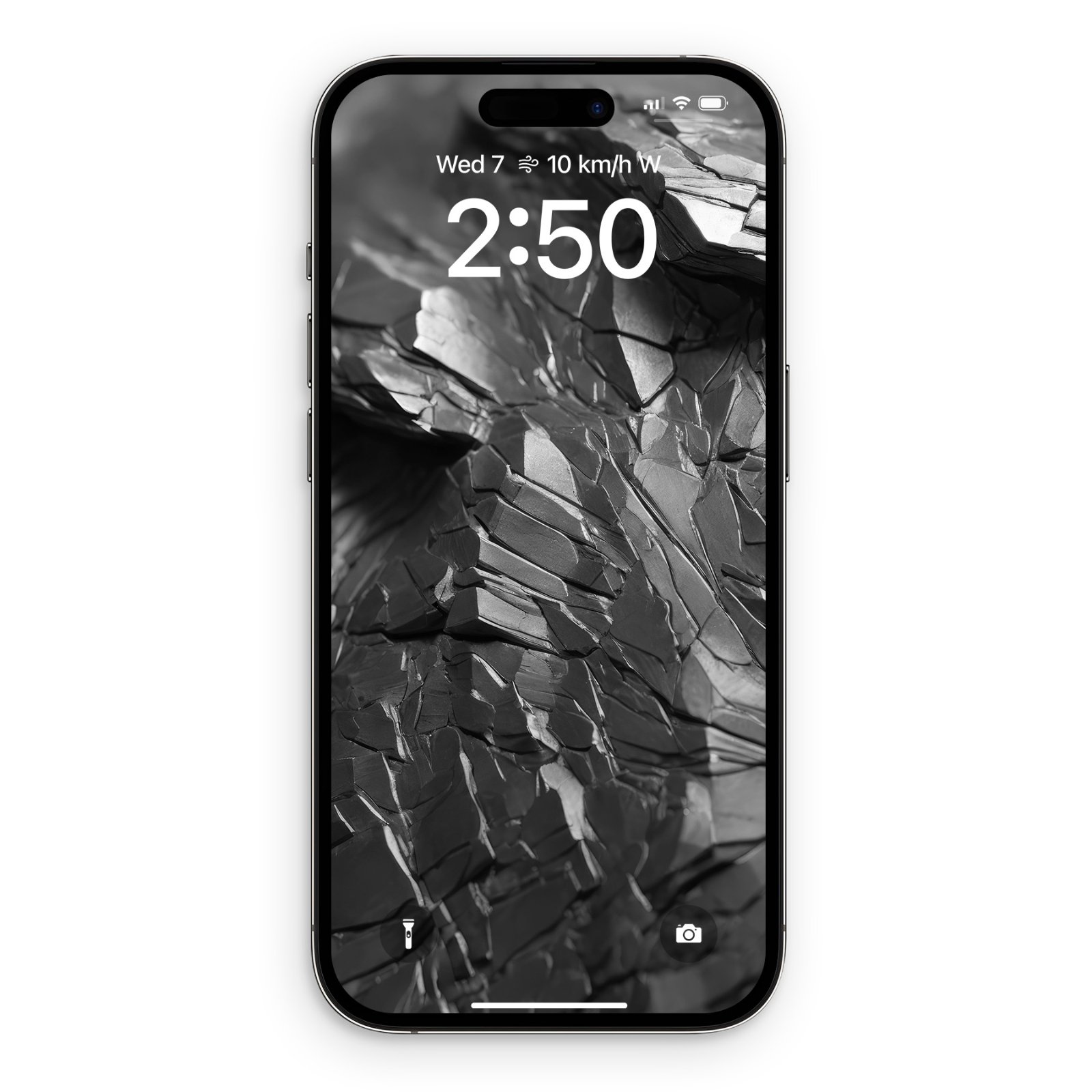 An iPhone lock screen showing a monochromatic black wallpaper with sharp, jagged mineral textures and geometric metallic facets.