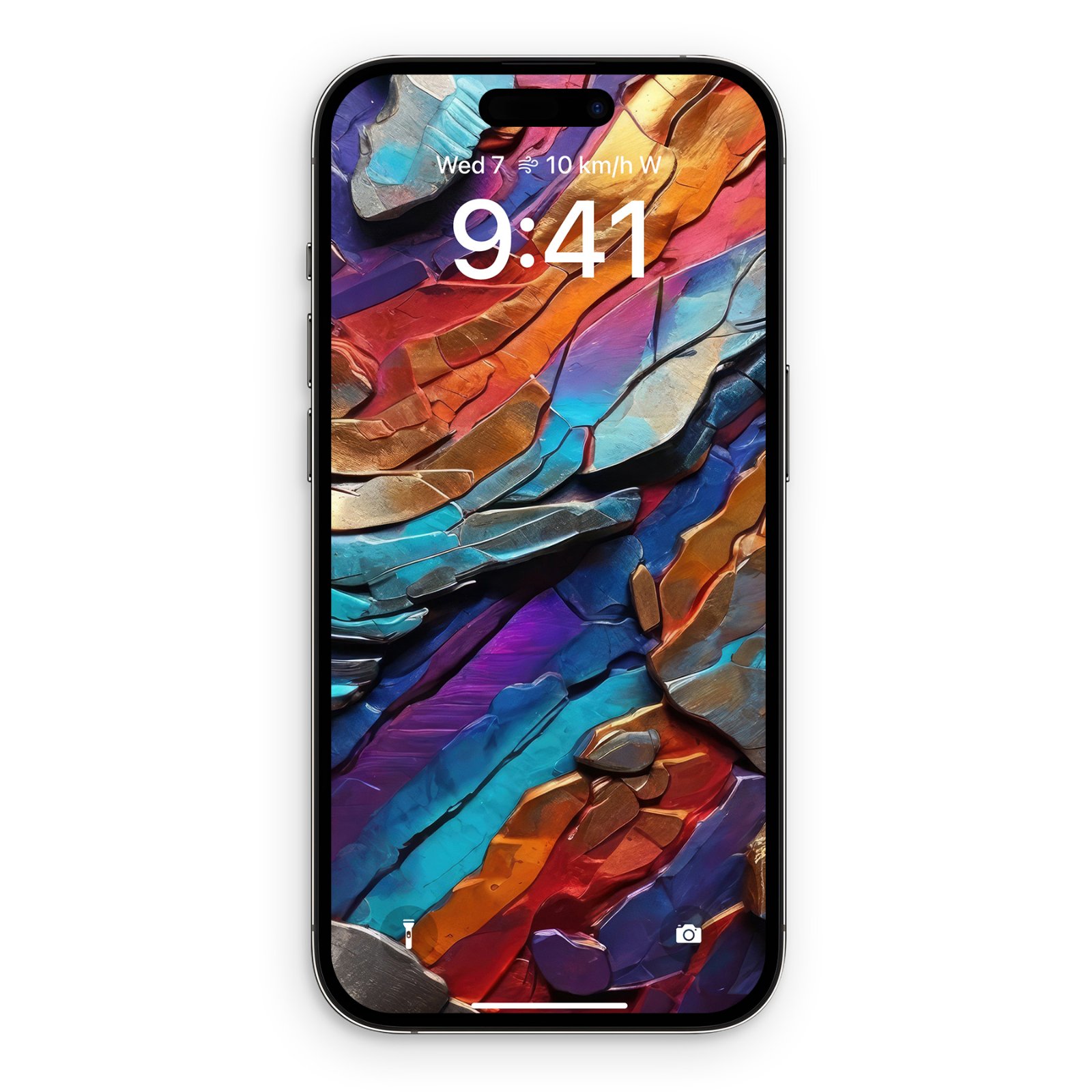 iPhone lock screen displaying an abstract metallic wallpaper with fractured planes of burnt orange, electric blue, deep purple, and gold arranged diagonally across the screen.