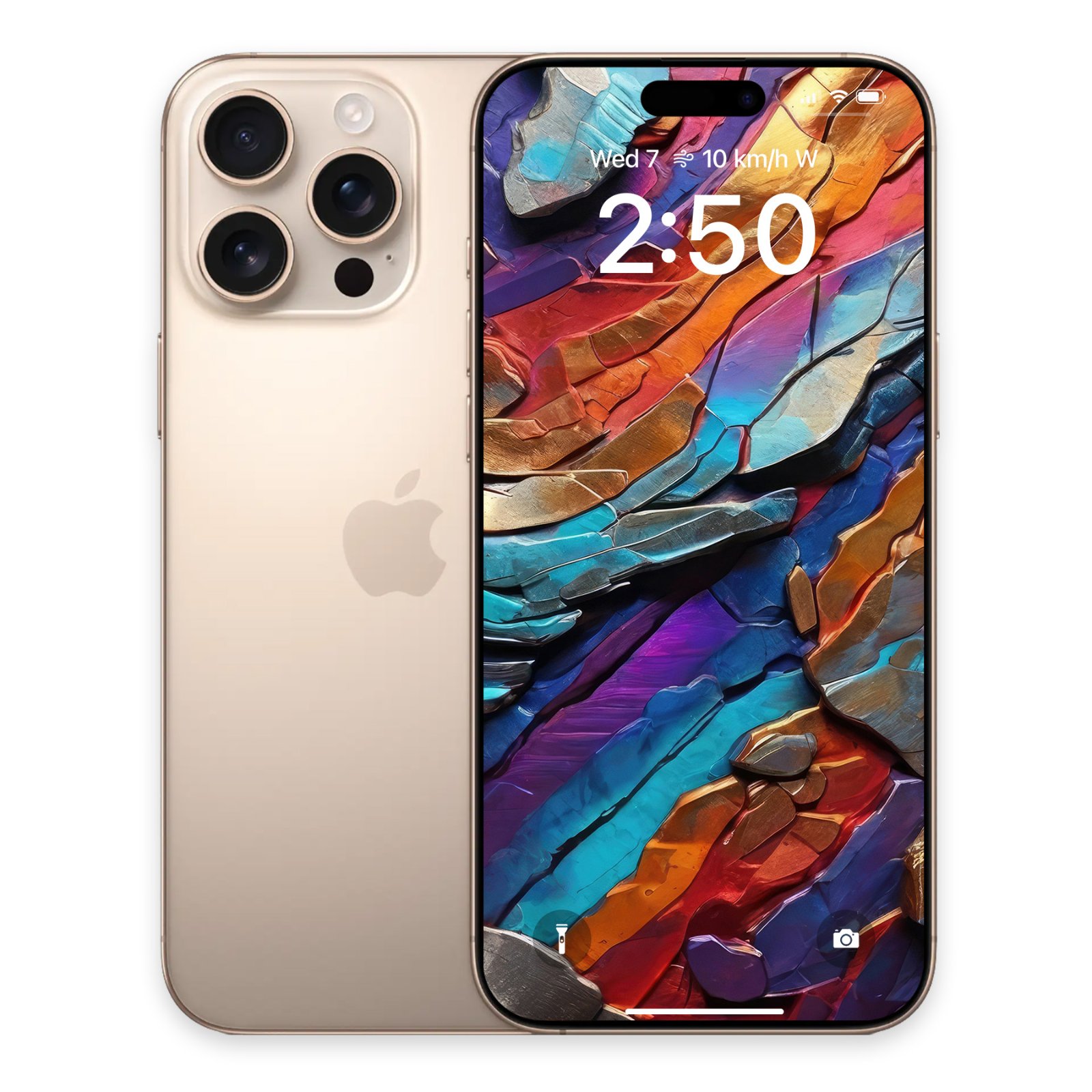 iPhone 14 Pro in gold held next to its screen showing the metallic abstract wallpaper with diagonal colored shards.