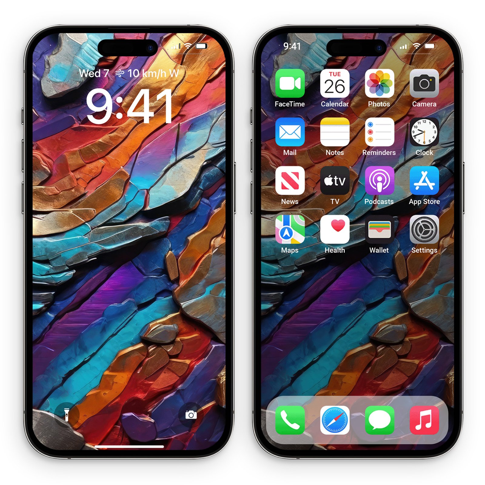 Two iPhone screens side by side, both showing the chromatic shards wallpaper on lock screen and home screen with app icons visible.
