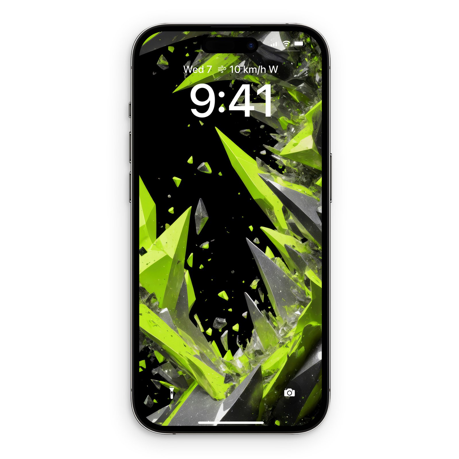 iPhone displaying Dynamic Shard Lime Device wallpaper on lock screen, showing electric lime green and charcoal grey triangular shards exploding across a deep black background with metallic particles and glowing fragments radiating from multiple impact points, time displayed as 9:41.