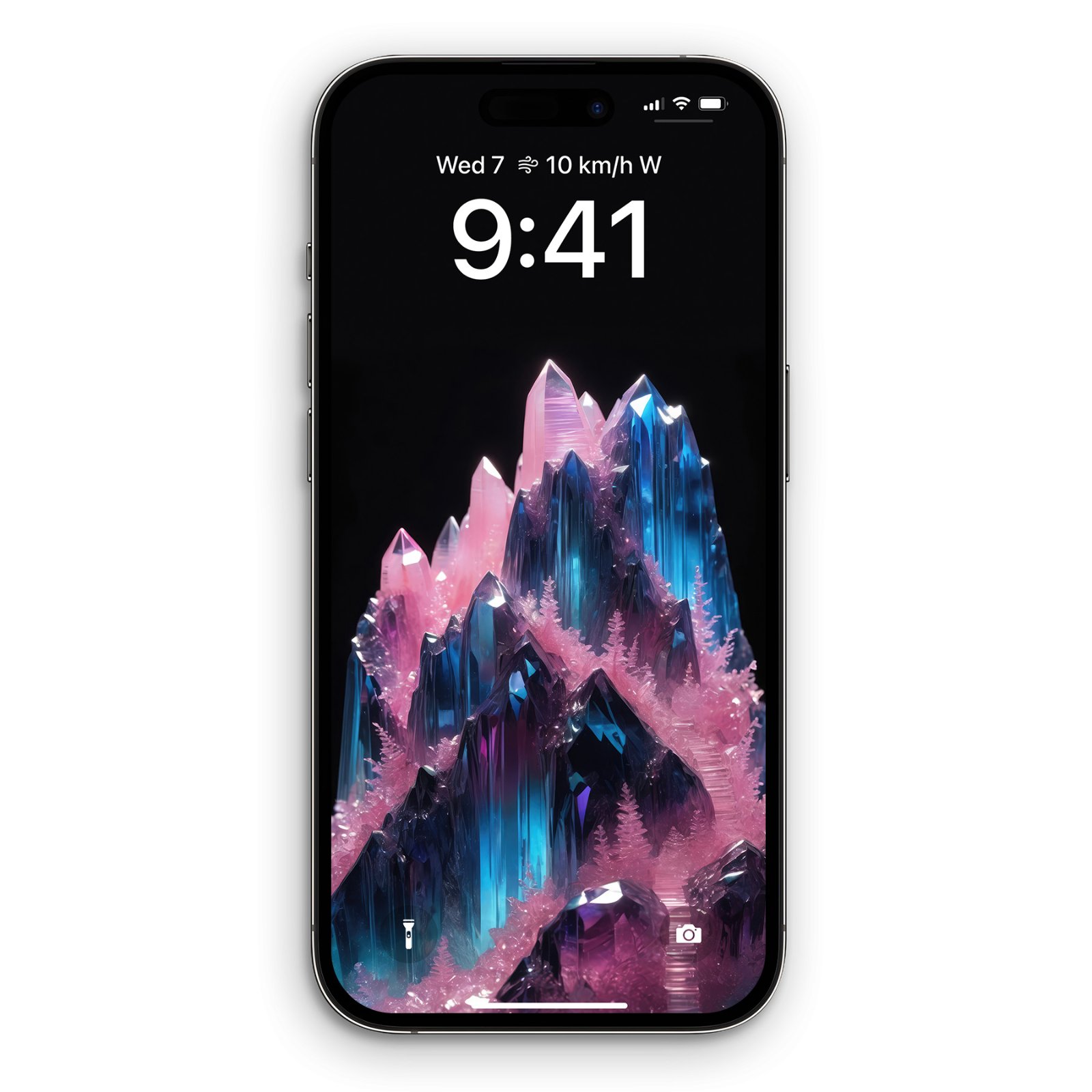 A single black iPhone displaying a lock screen featuring glowing pink and metallic teal quartz crystal mountain peaks against a solid black background.