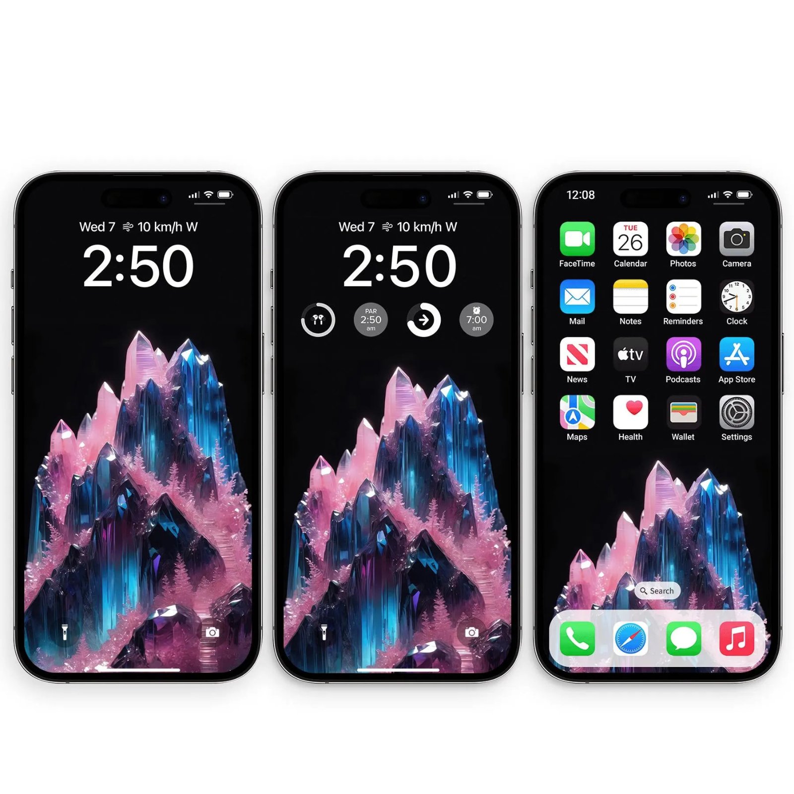 Three black iPhones standing side by side showing lock screens and home screens featuring a crystal mountain wallpaper with teal and pink spires on a black background.
