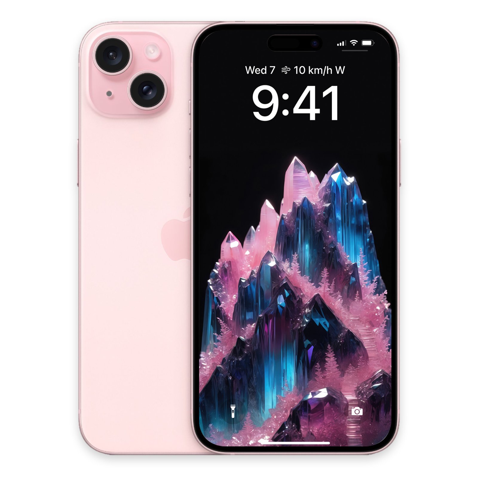 A light pink iPhone shown from the back next to another light pink iPhone displaying the pink and teal crystal mountain wallpaper on its screen.