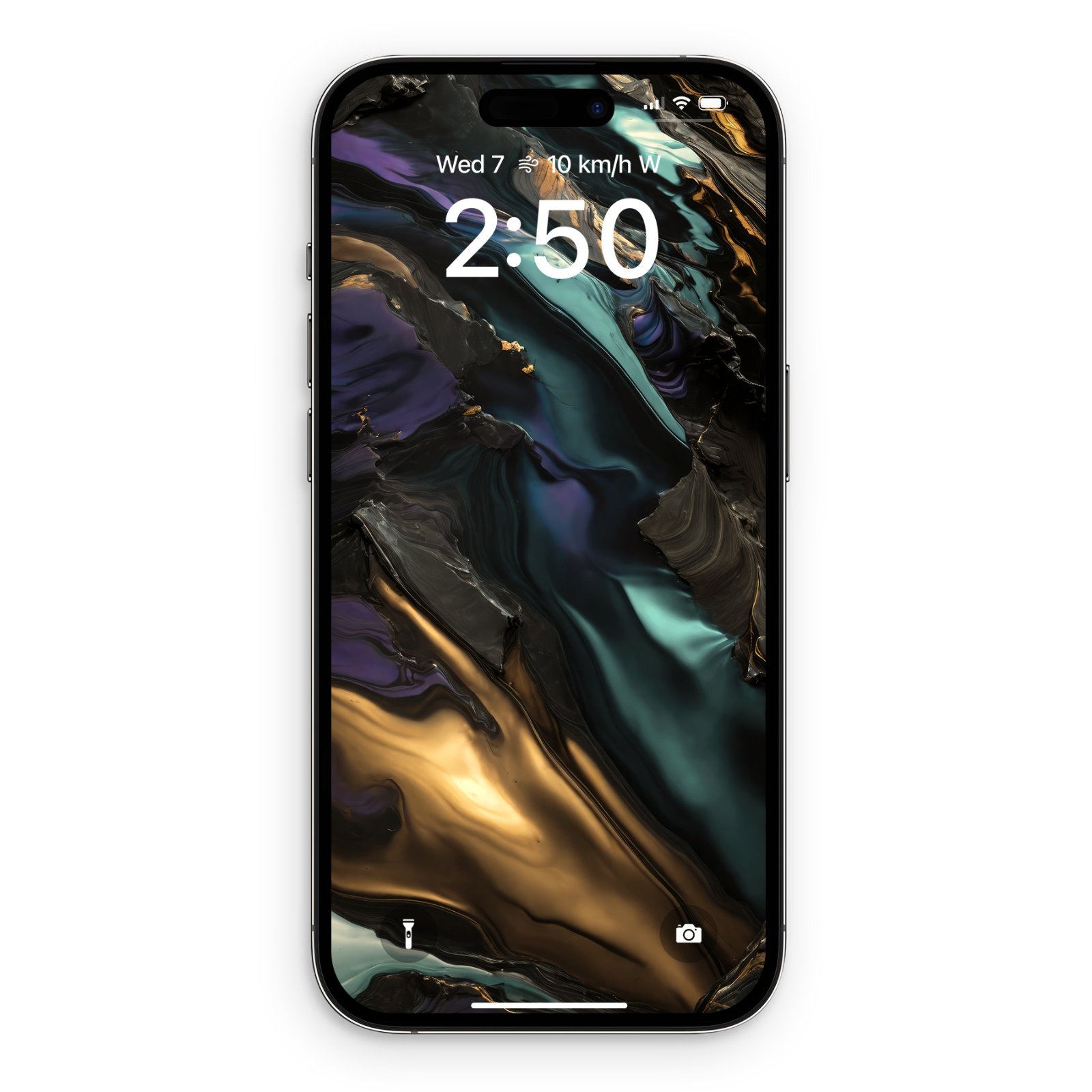 Front view of an iPhone display showing a dark liquid metallic wallpaper with swirls of gold, purple, and teal.