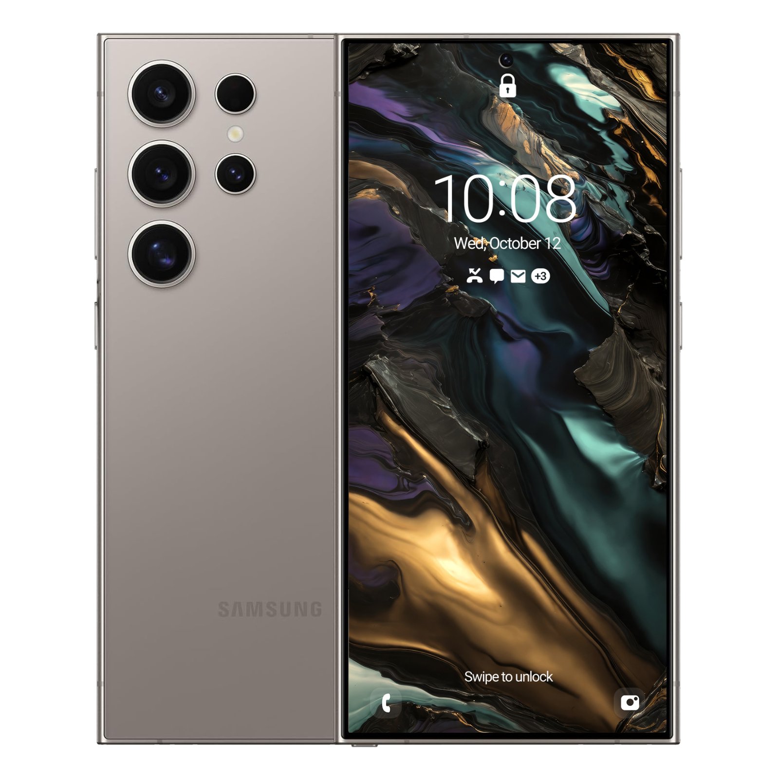 Samsung Galaxy phone showing the back casing next to a display with a dark swirling titanium art wallpaper.