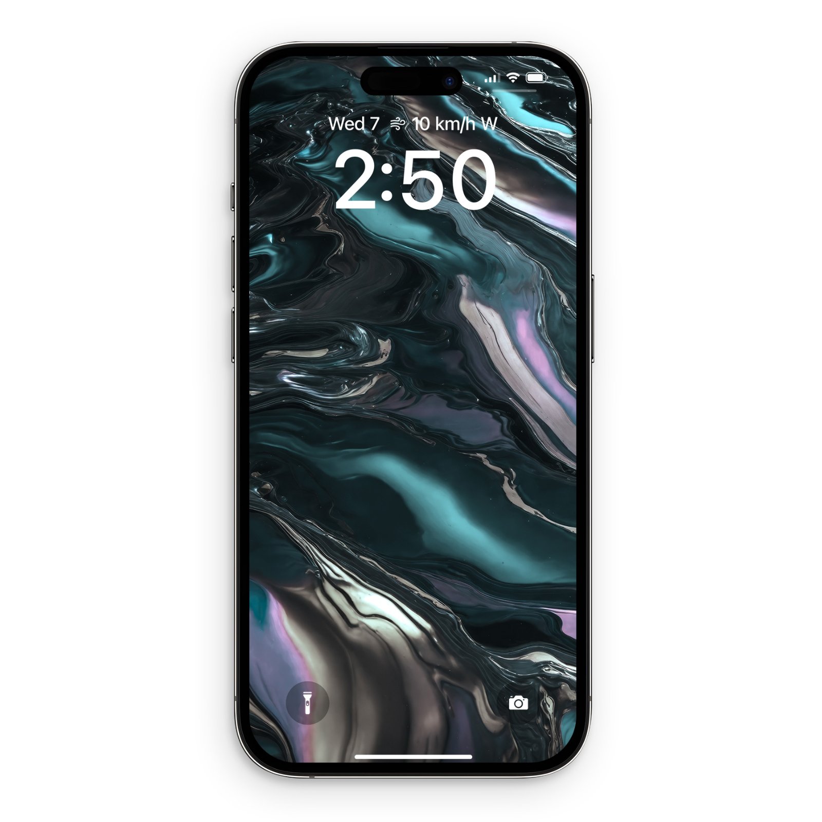 An iPhone screen displaying a dark wallpaper featuring liquid metallic swirls of teal, charcoal, silver, and soft violet.