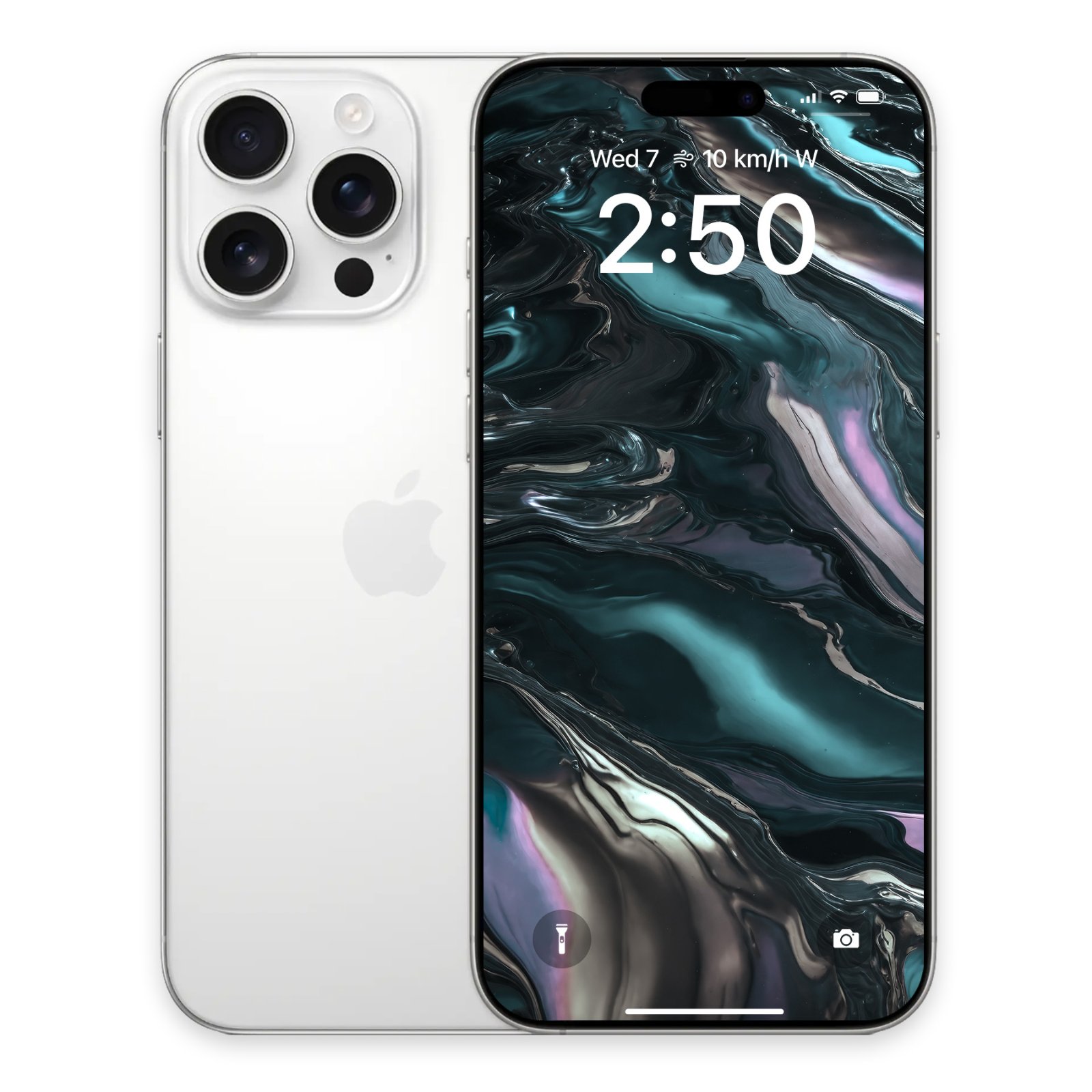 Front and back view of a white iPhone showing the dark teal and silver liquid titanium wallpaper on its display.