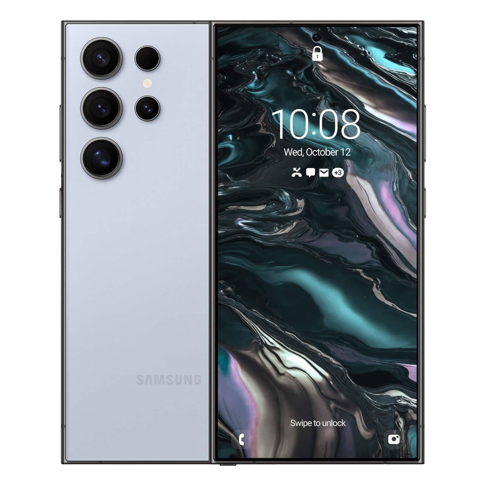 Front and back view of a silver Samsung Galaxy Ultra showing the metallic dark aurora wallpaper.