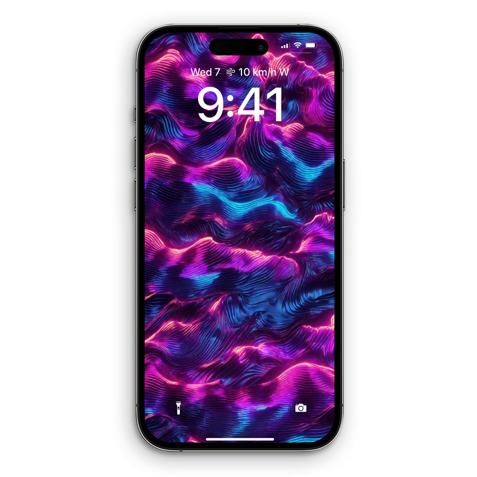 Rippling magenta, cyan, and violet waves with a metallic sheen displayed on an iPhone lock screen showing 9:41.