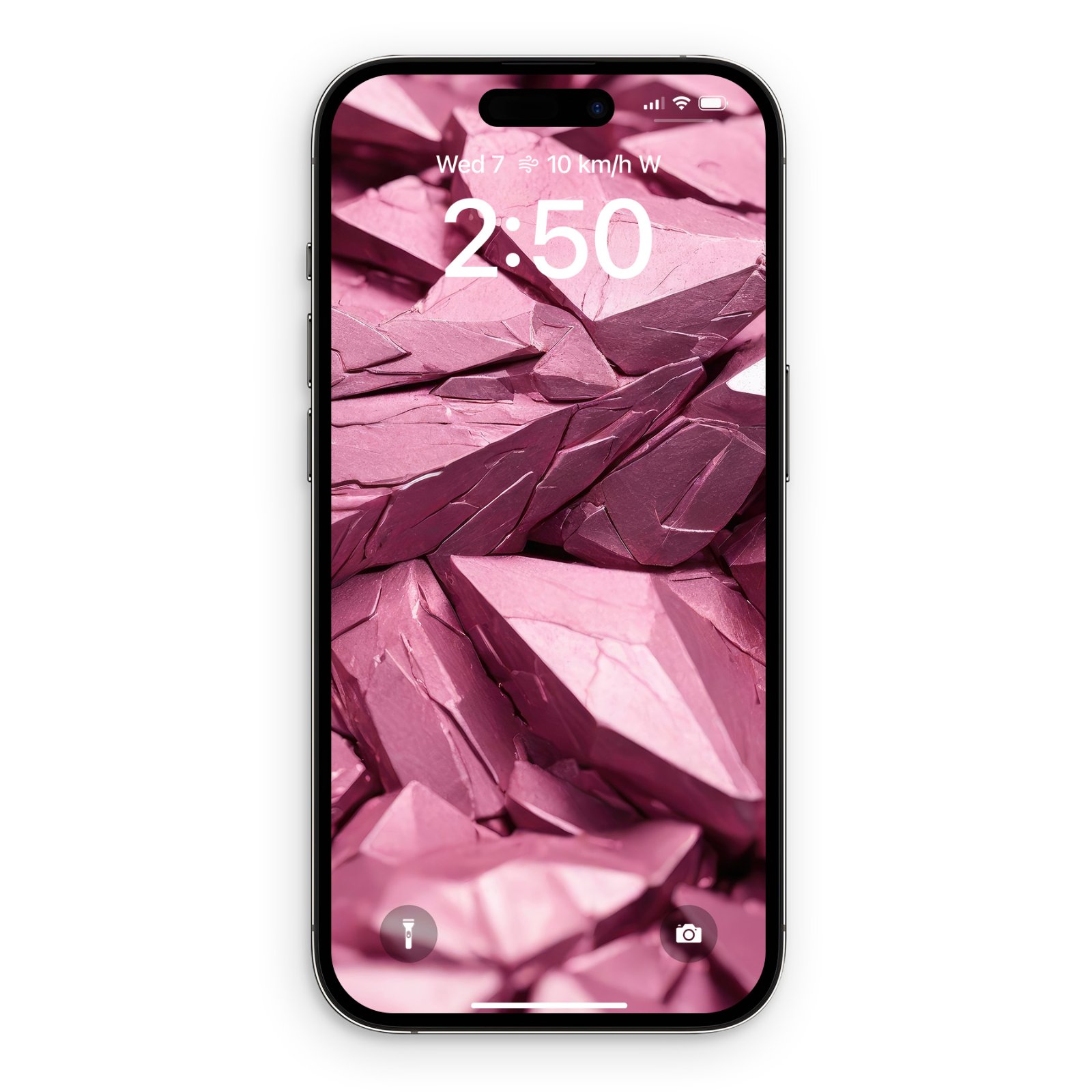An iPhone displaying a lock screen wallpaper featuring jagged, angular rose gold metallic crystal shards with sharp geometric facets and deep magenta shadows.