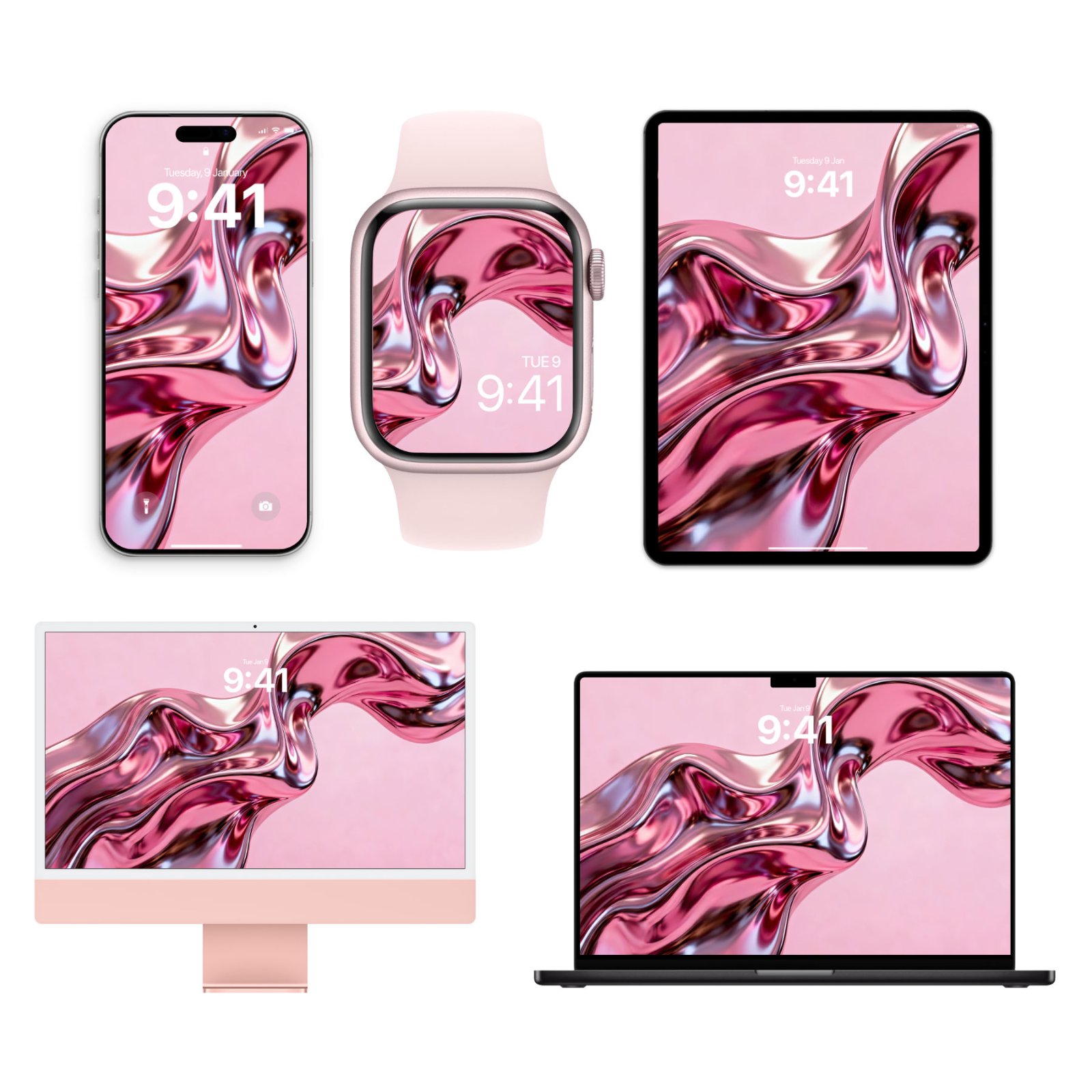 iPhone, Apple Watch, and iPad mockups displaying pink chrome liquid metal wallpaper with glossy swirls, alongside iMac and MacBook showing the same design.