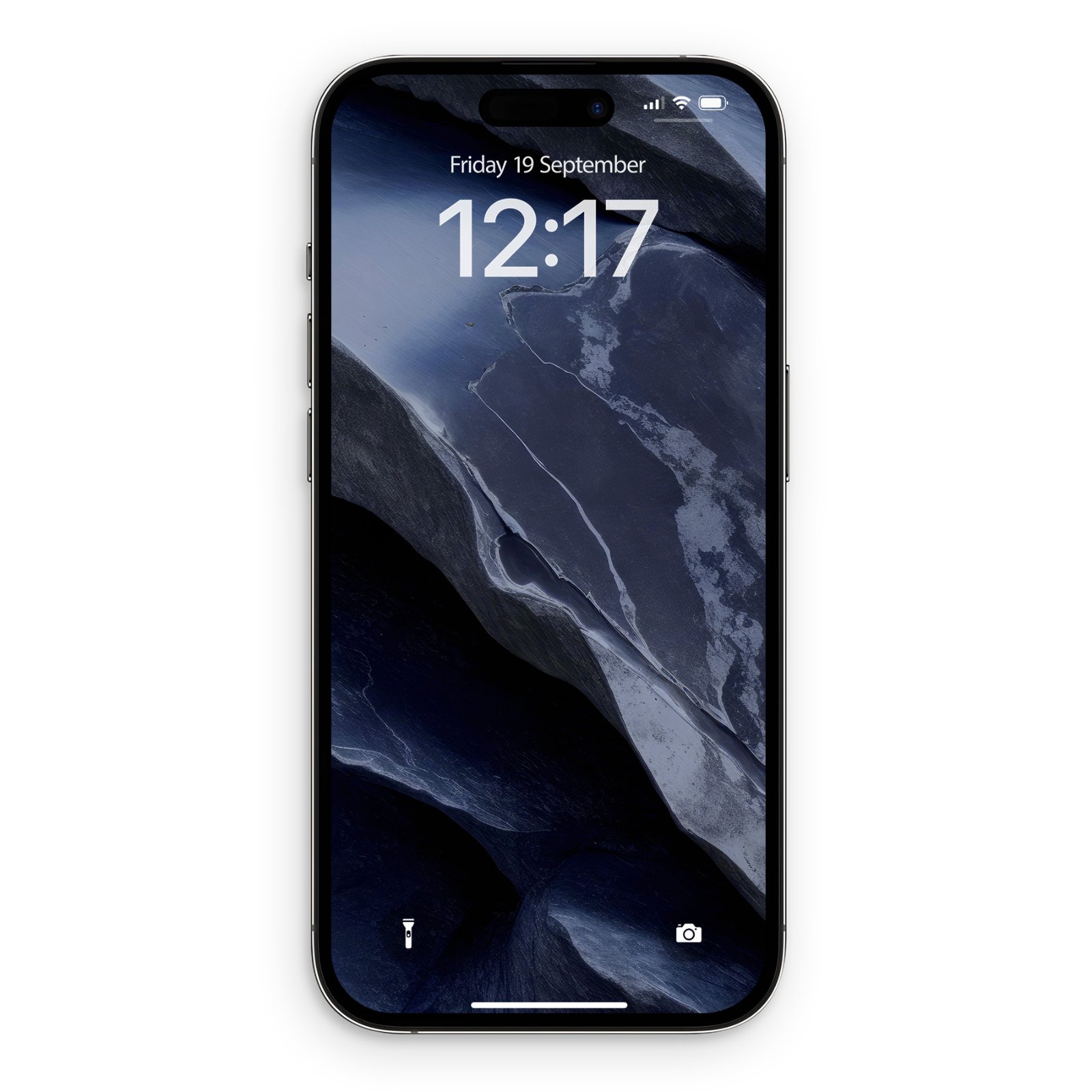 iPhone lock screen displaying deep blue and silver diagonal metallic texture, with time 12:17 and date Friday 19 September in white text at center.