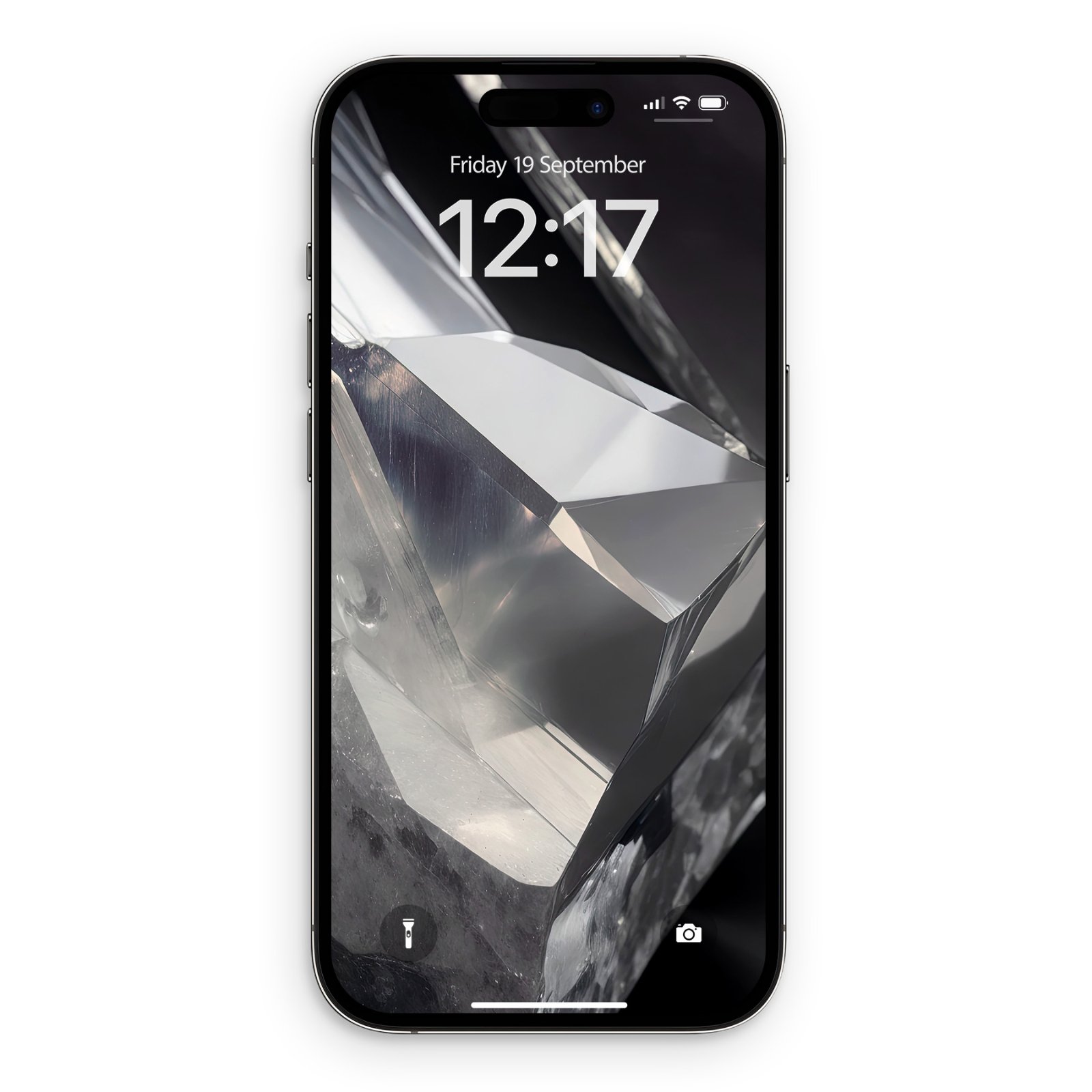 Black iPhone screen mockup displaying a silver aluminum crystal metallic wallpaper with high-contrast faceted geometry and lock screen time widget.