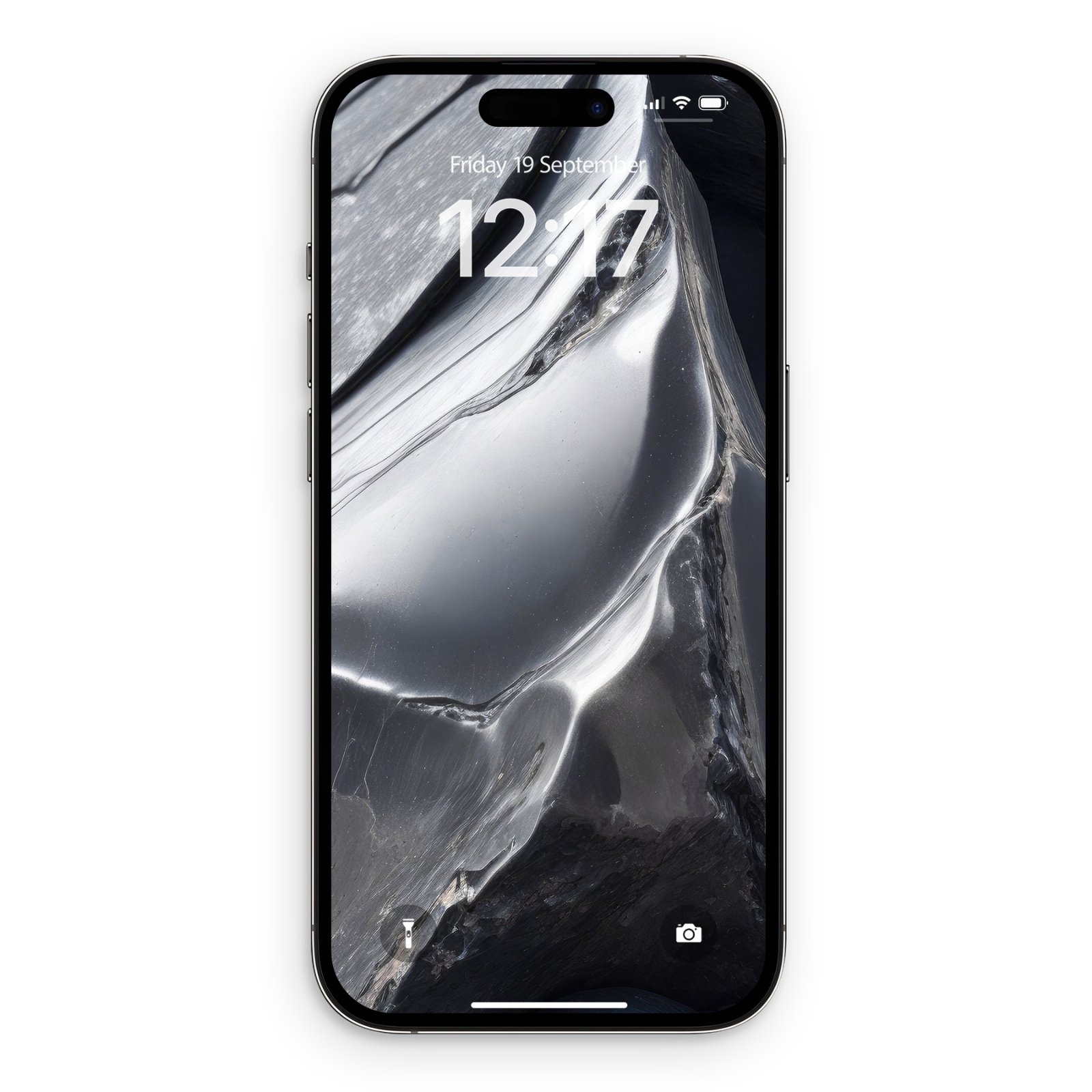 An iPhone lock screen displaying a silver aluminum wallpaper with fluid metallic ridges, reflective highlights, and dark charcoal crevices.