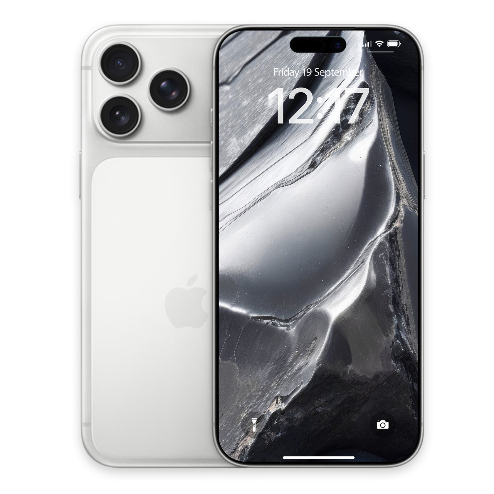 A silver iPhone seen from the back alongside an iPhone screen displaying the liquid metal silver wallpaper.