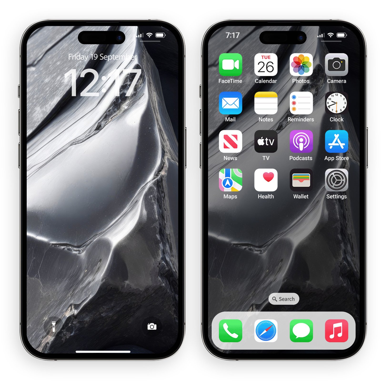 Two side-by-side iPhones showing the silver aluminum wallpaper on both a lock screen and a home screen full of app icons.