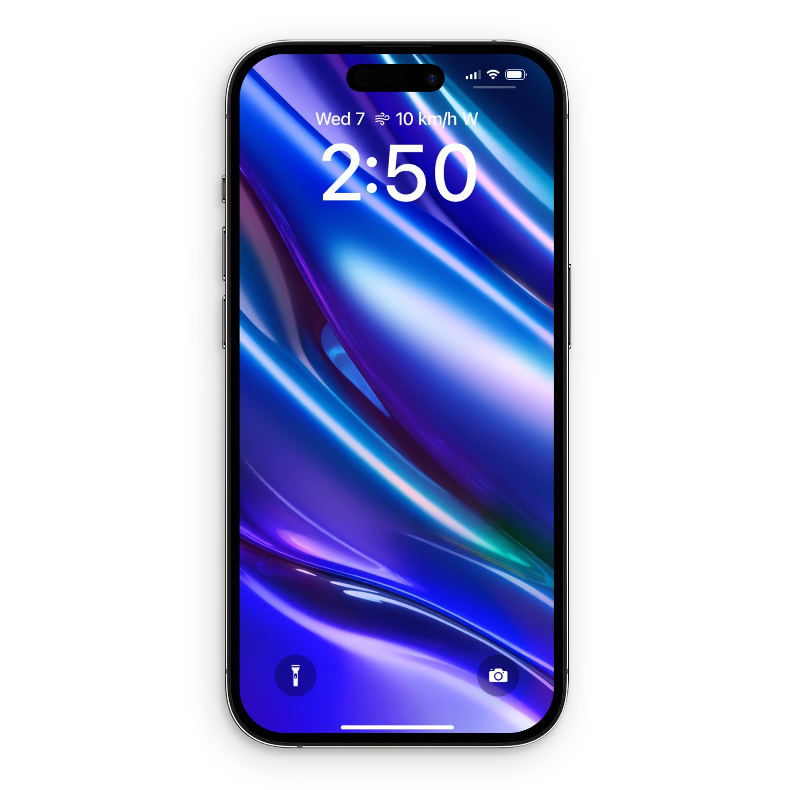 An iPhone mockup displaying a glossy ultramarine blue and violet liquid fold wallpaper on its lock screen at 2:50.