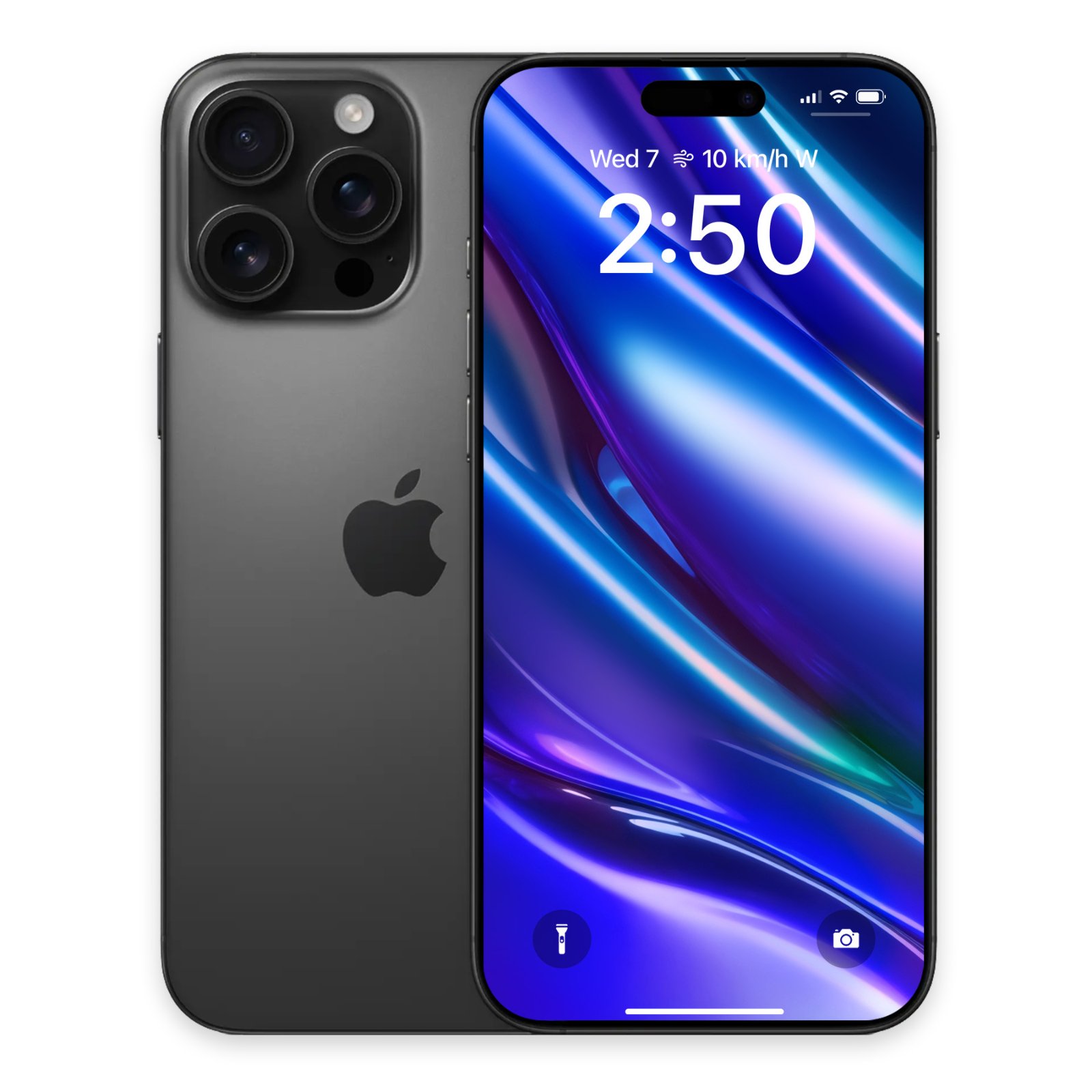 A dark gray iPhone Pro shown from the back beside its front display featuring a sleek ultramarine blue digital wallpaper.
