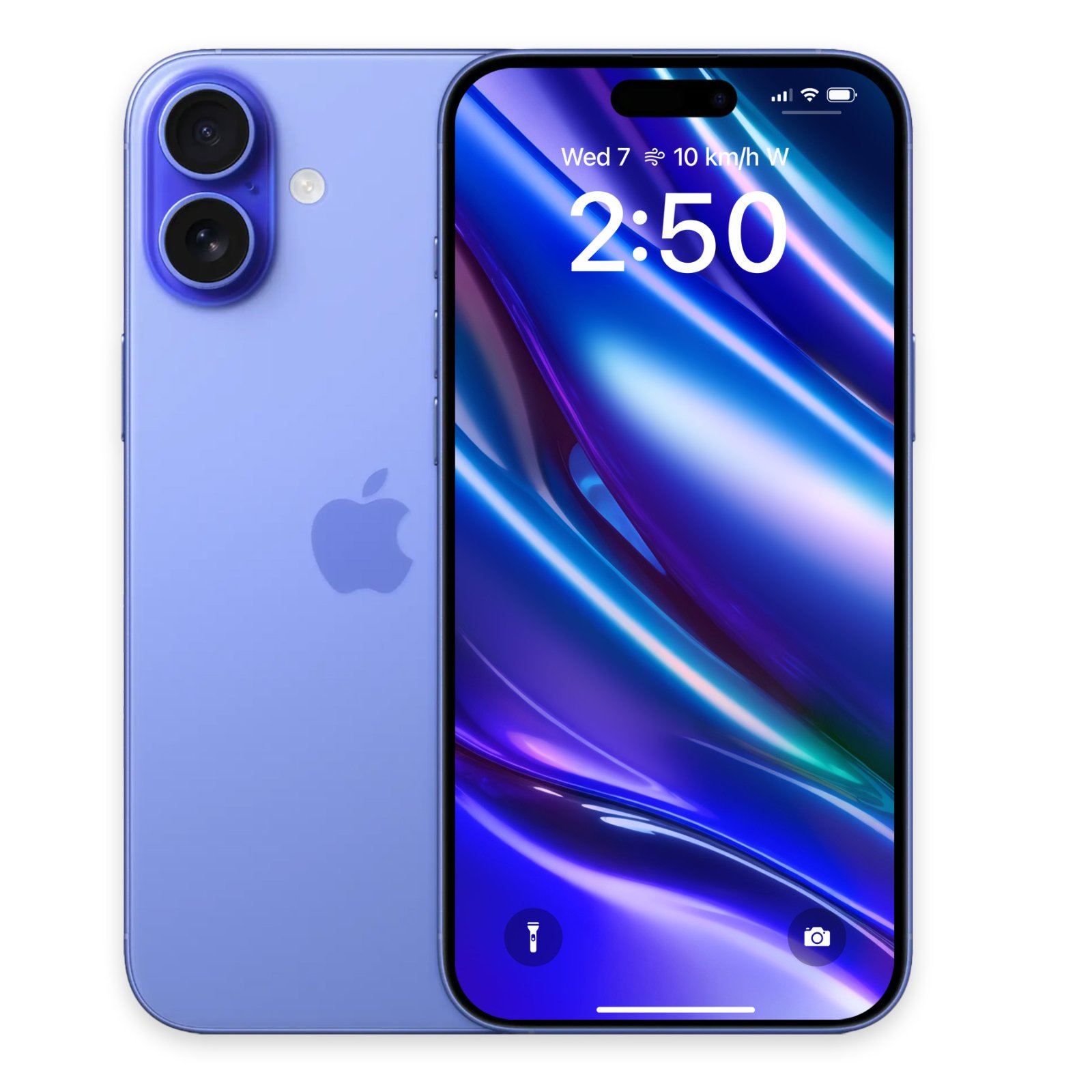 A light purple iPhone shown from the back beside its front screen showcasing an ultramarine blue liquid abstract wallpaper.