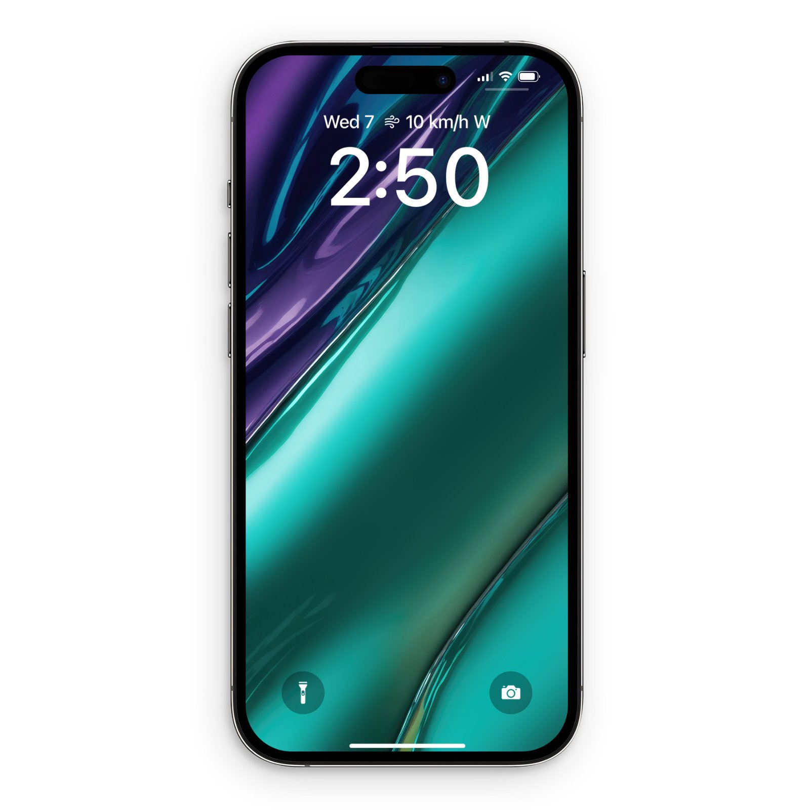 An iPhone lock screen displaying a metallic abstract wallpaper with luminous teal and deep violet fluid diagonal waves.